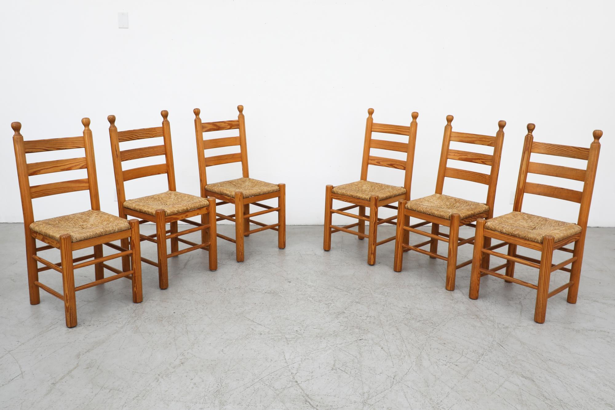 Dutch Set of 6 Throne Inspired Pine and Rush Dining Chairs with Turned Finials For Sale