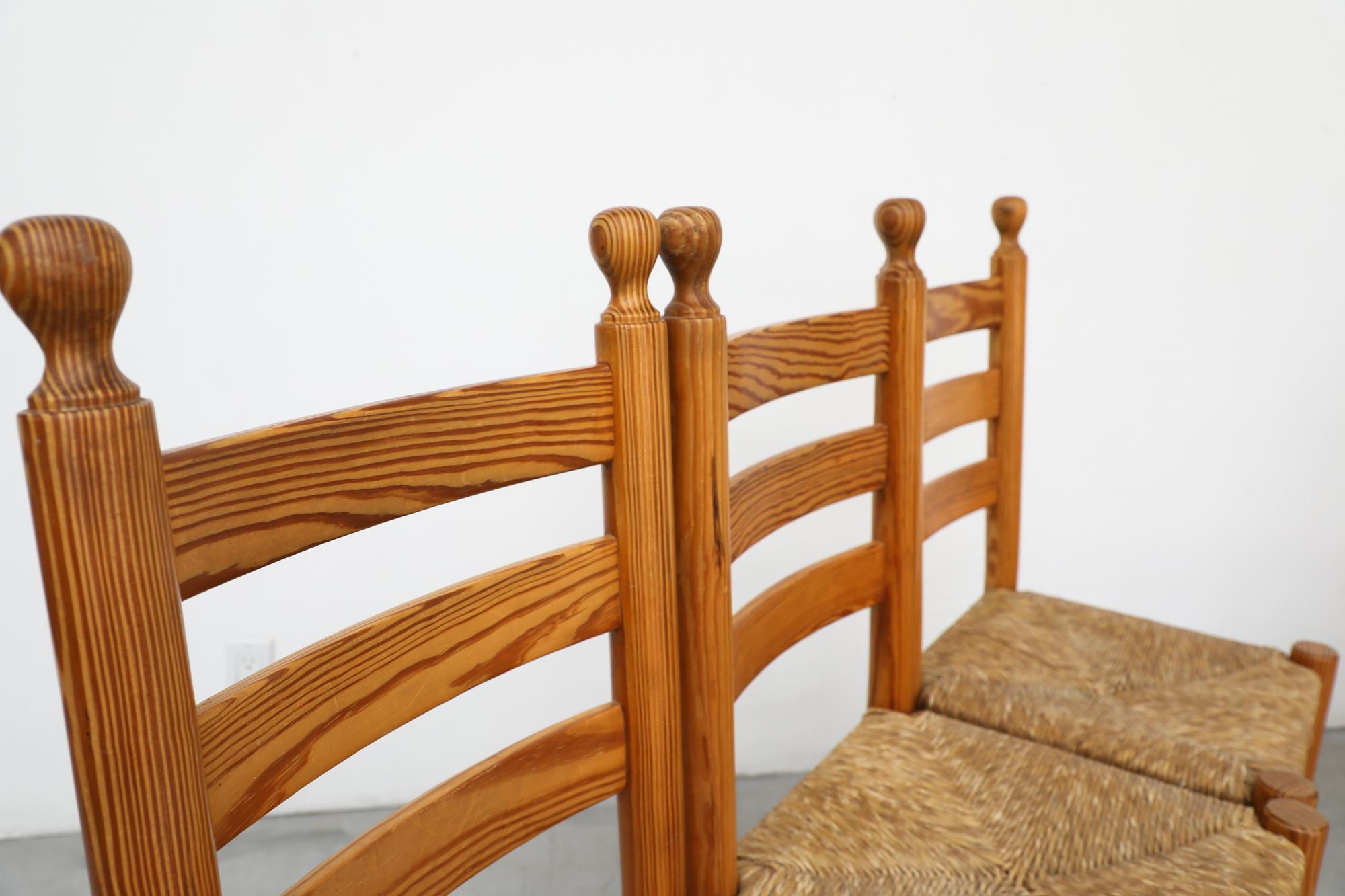 Set of 6 Throne Inspired Pine and Rush Dining Chairs with Turned Finials In Good Condition For Sale In Los Angeles, CA
