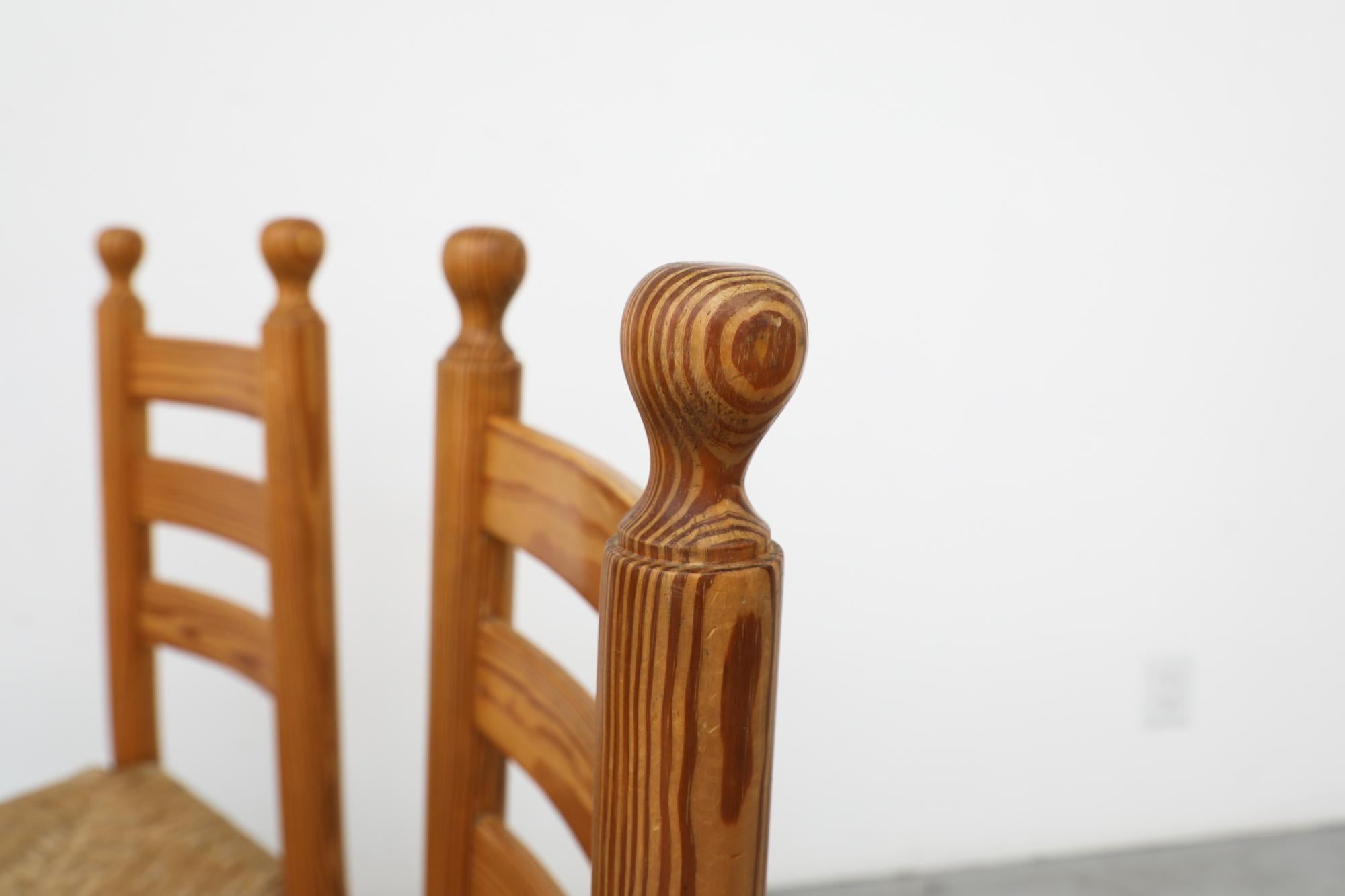 Set of 6 Throne Inspired Pine and Rush Dining Chairs with Turned Finials For Sale 1
