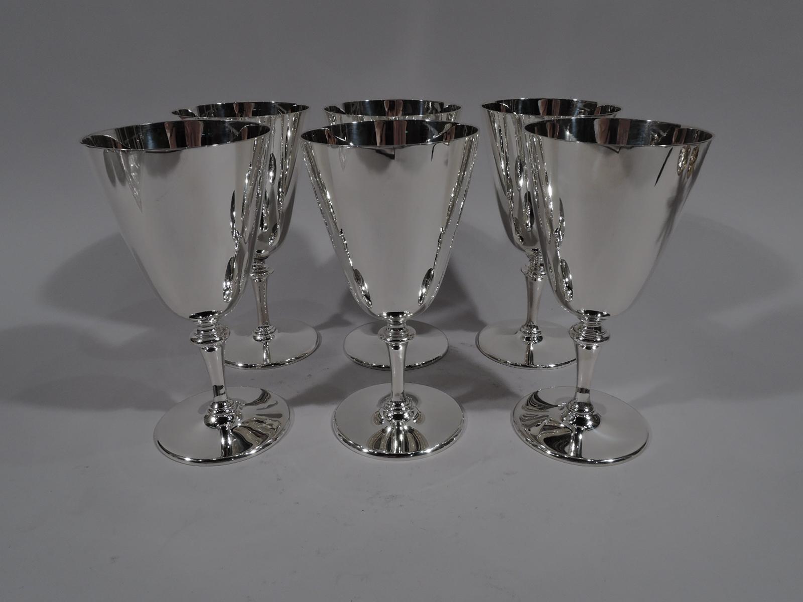 Set of 6 modern sterling silver goblets. Made by Tiffany & Co. in New York. Each: Conical bowl with knopped tapering stem and flat circular foot. Easy grip with nice balance. Fully marked including pattern no. 20168. Five goblets have director’s