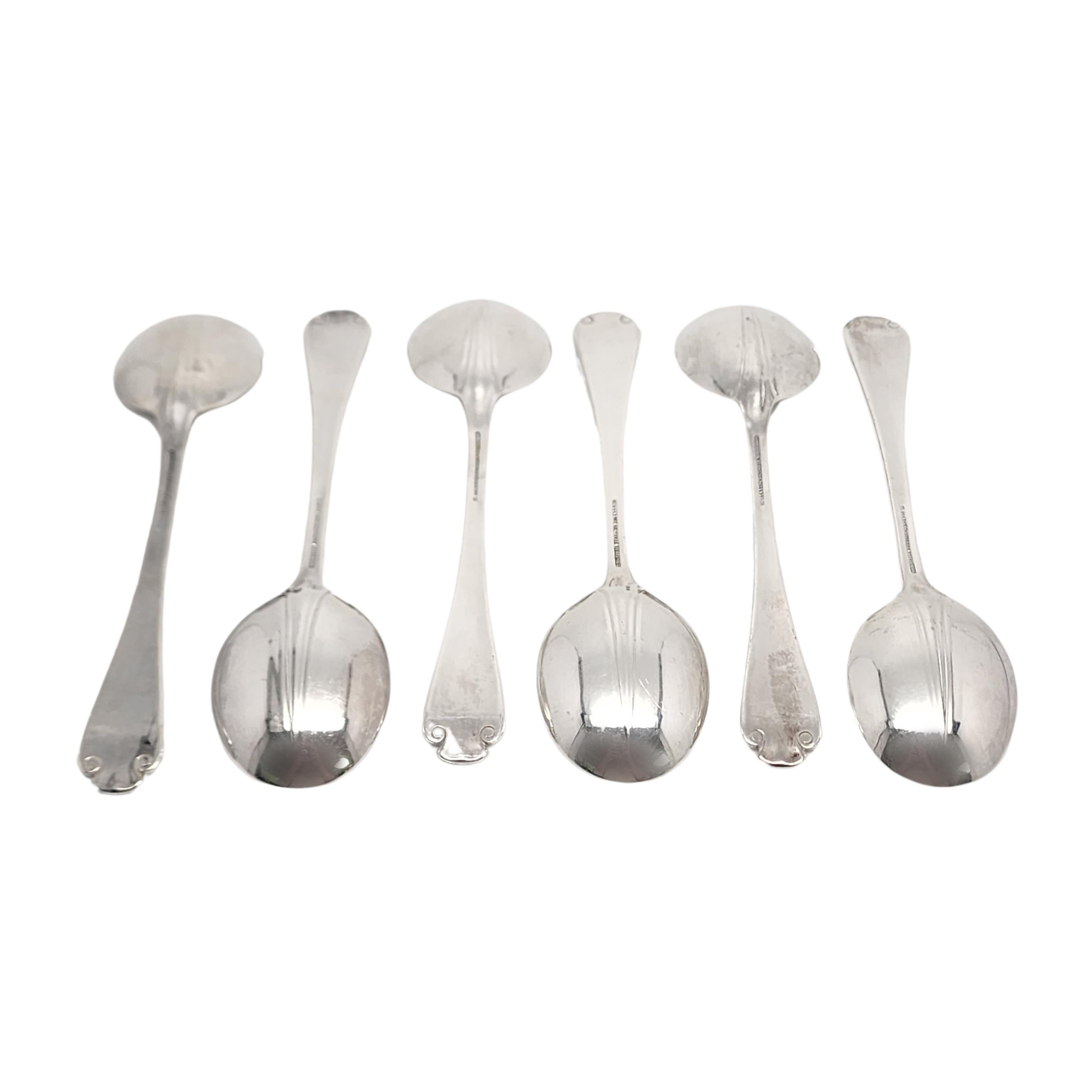 Set of 6 sterling silver round bowl soup spoons by Tiffany & Co in the Flemish pattern.

No monogram.

The Flemish pattern features a simple and elegant scroll design, making it a timeless classic that is still in demand today. Hallmarks date these
