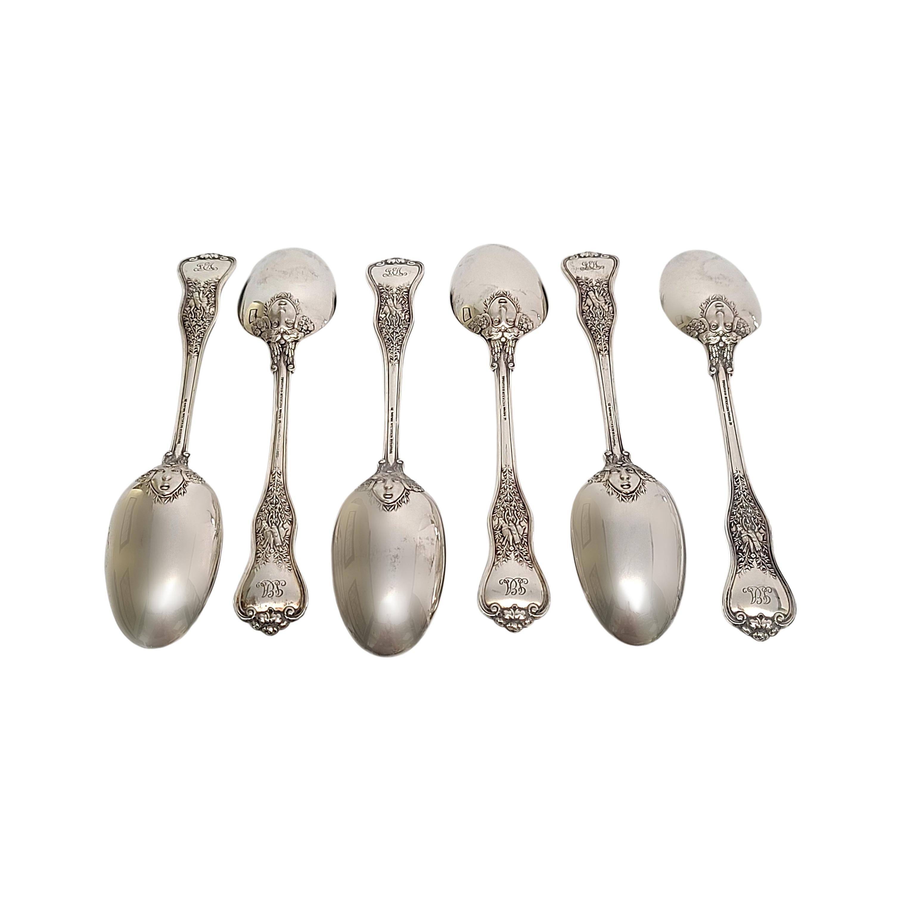 Set of 6 Tiffany & Co sterling silver teaspoons in the Olympian 1878 pattern.

Monogram appears to be JEA

Olympian is an ornate and elaborate multi-motif pattern, featuring 17 different sharply carved handle decorations depicting scenes from