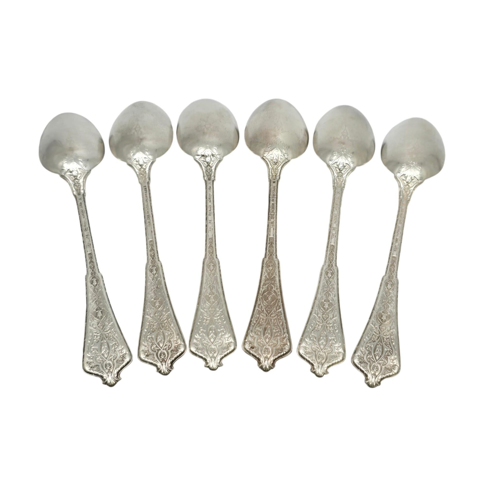 Set of 6 sterling silver teaspoons in the Persian pattern by Tiffany & Co with monogram.

Monogram appears to be  MB (on 2 spoons the MB monogram is horizontal, the other 4 spoons the monogram is vertical).

An ornate Mid-East inspired design, the