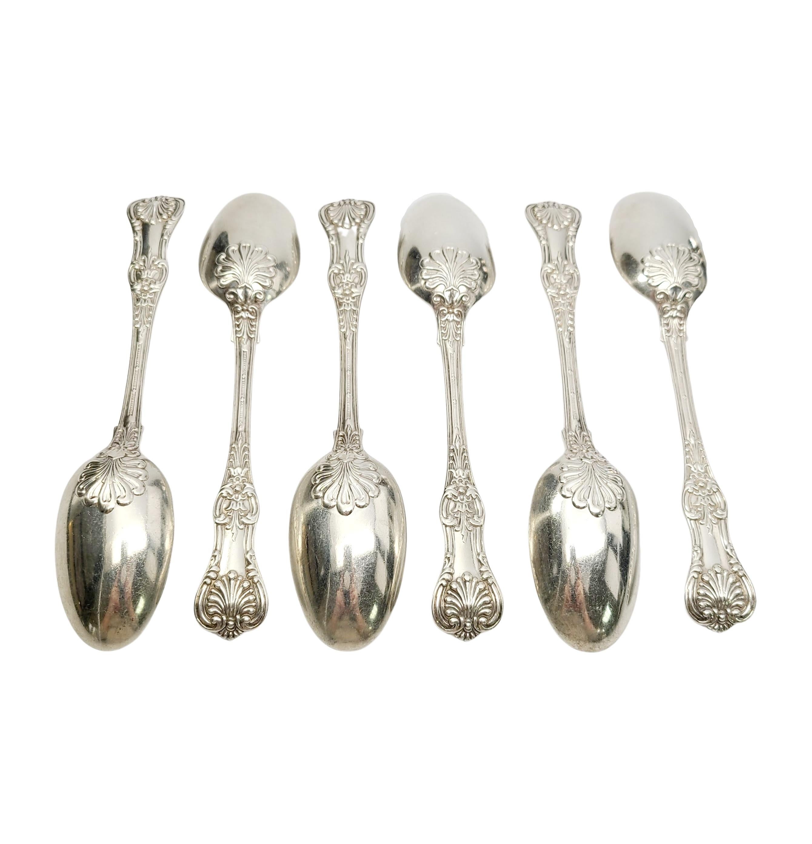Set of 6 antique sterling silver dessert/oval soup spoons by Tiffany & Co in the English King pattern.

Monogram appears to be DH (see photos).

Beautiful spoons in Tiffany's intricate and decorative version of a King pattern which were very