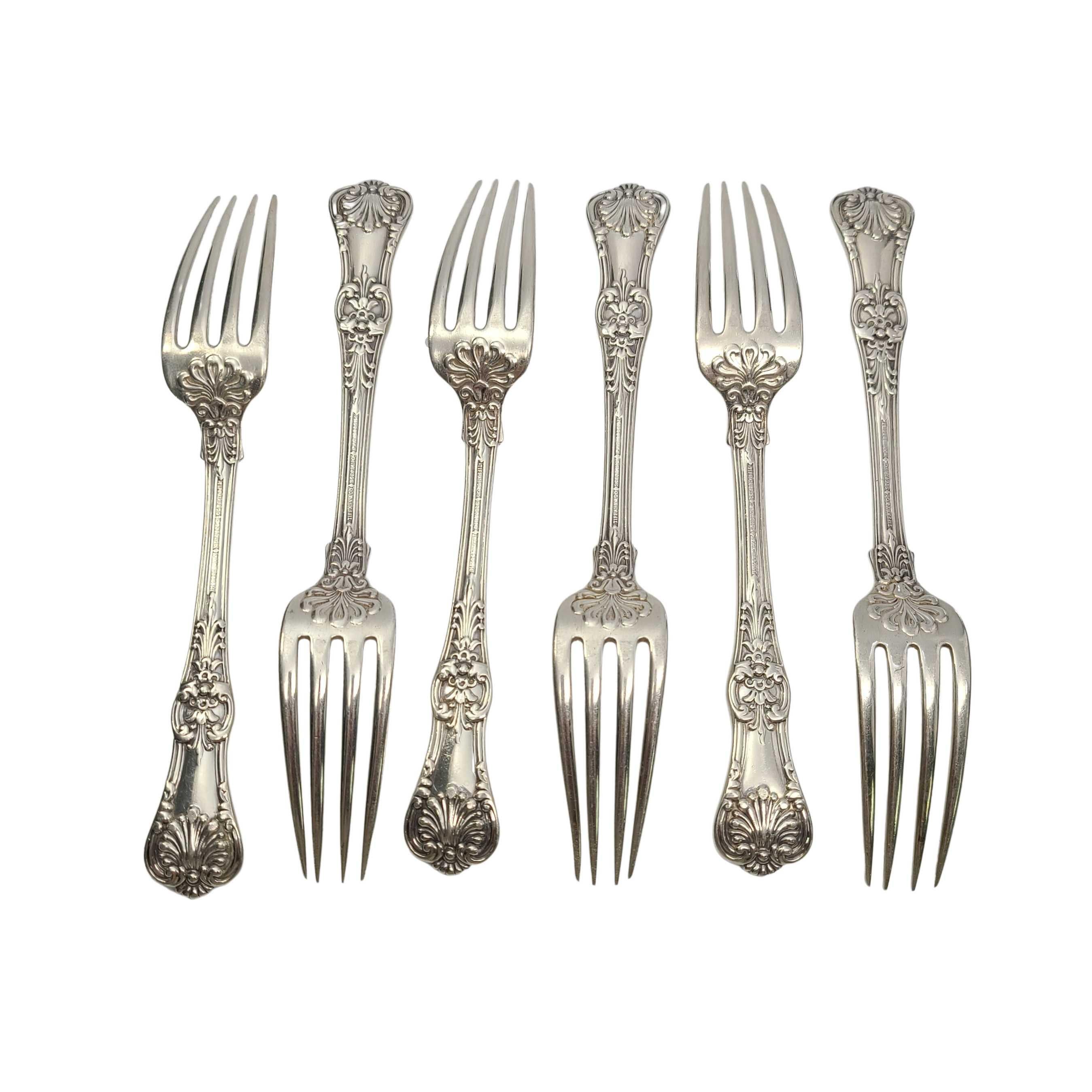 Set of 6 antique sterling silver forks by Tiffany & Co in the English King pattern.

Monogram appears to be DH (see photos).

Beautiful smaller forks in Tiffany's intricate and decorative version of a King pattern which were very popular in the