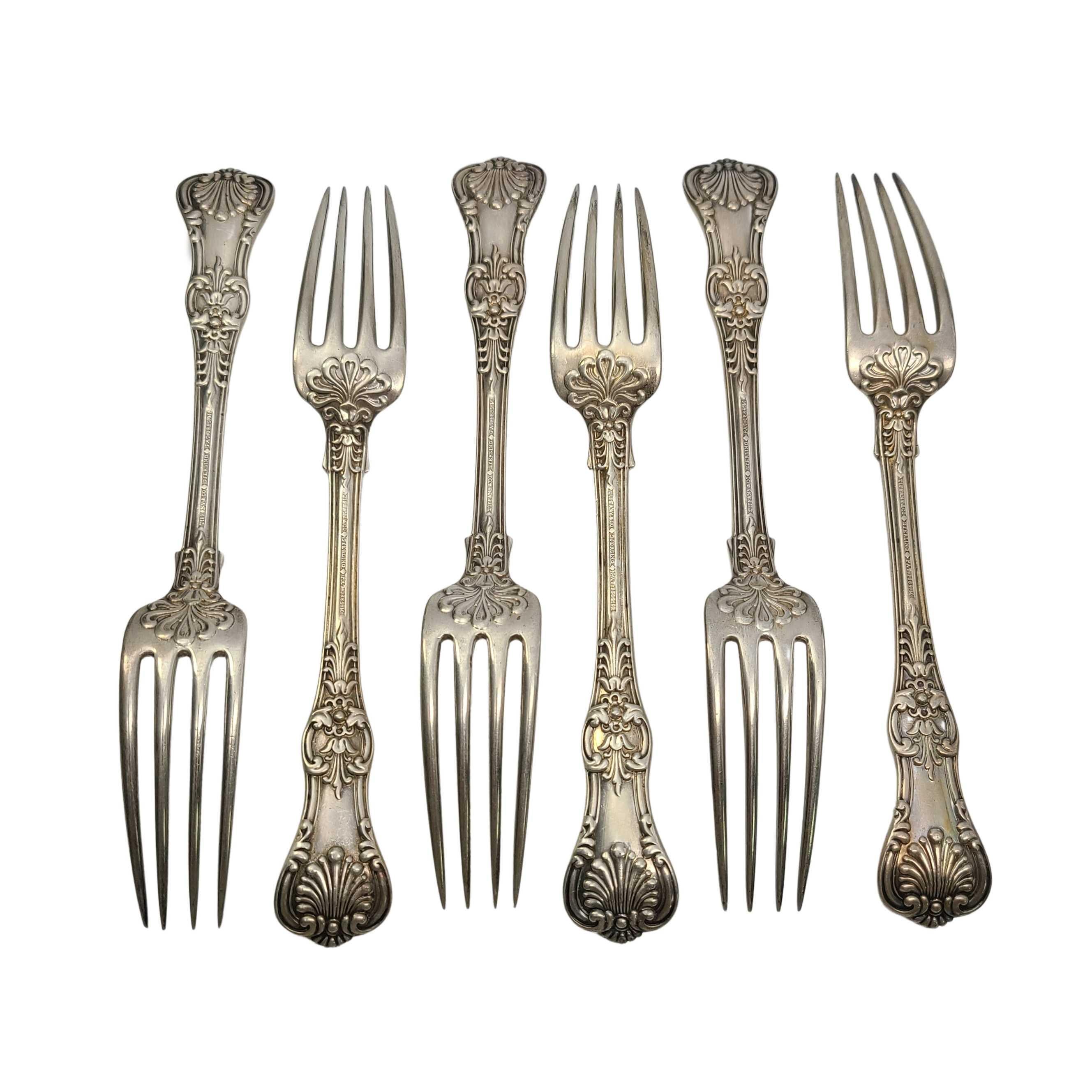 Set of 6 antique sterling silver forks by Tiffany & Co in the English King pattern.

No monogram.

Beautiful dinner forks in Tiffany's intricate and decorative version of a King pattern which were very popular in the late 19th century. The M