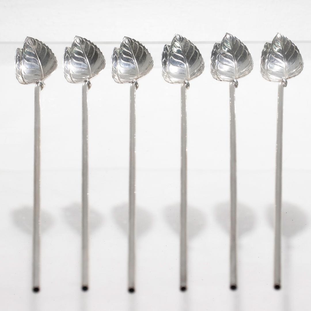 Moderne Lot de 6 Tiffany & Co. Pailles pour thé glacé en forme de feuille en A Silver