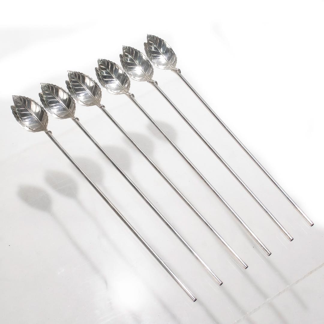 Set of 6 Tiffany & Co. Sterling Silver Leaf Form Ice Tea Straws In Good Condition In Philadelphia, PA
