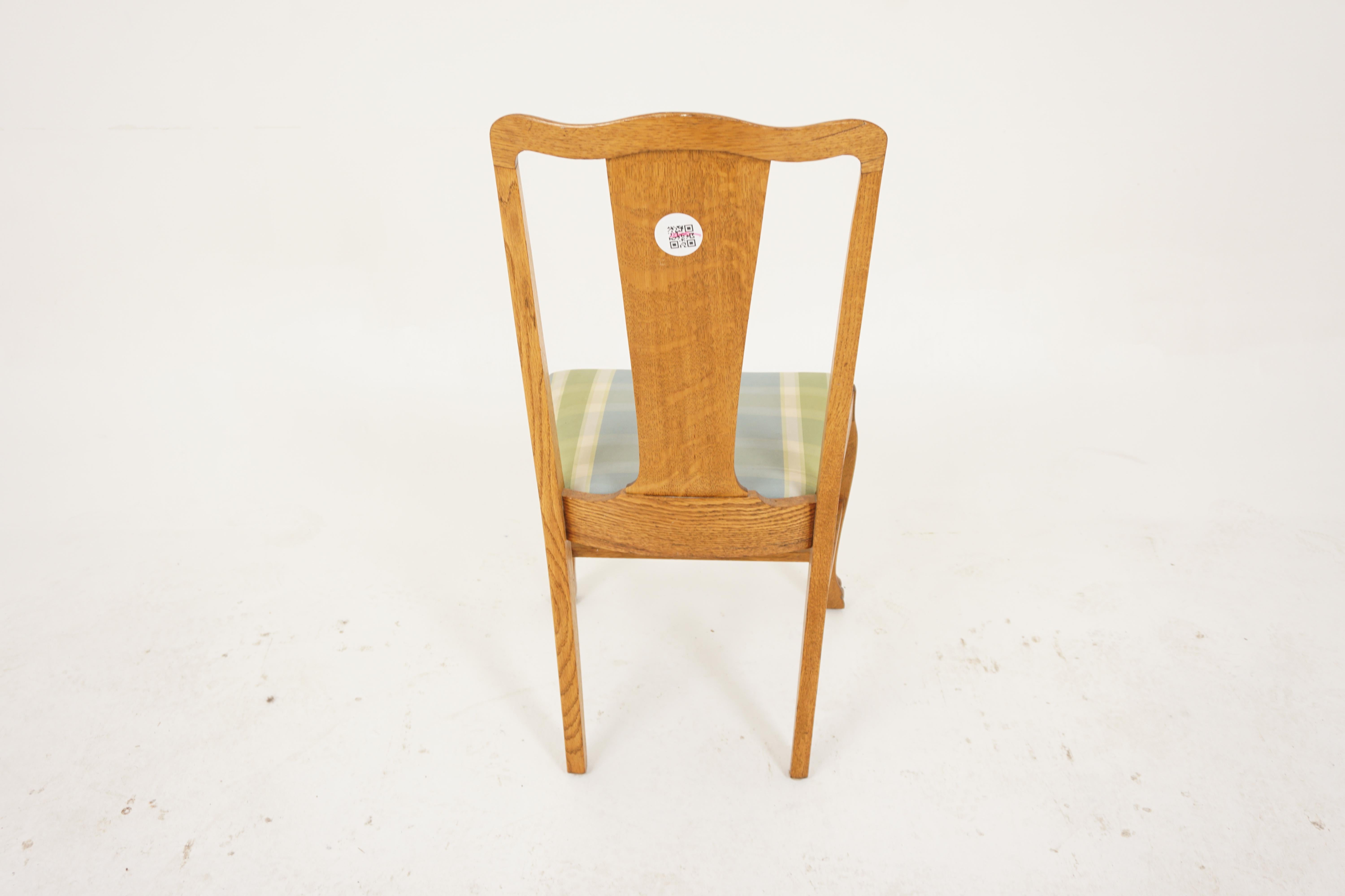 Set Of 6 Tiger Oak T Back Dining Chairs, Lift Out Upholstered Seat, America 1920 1
