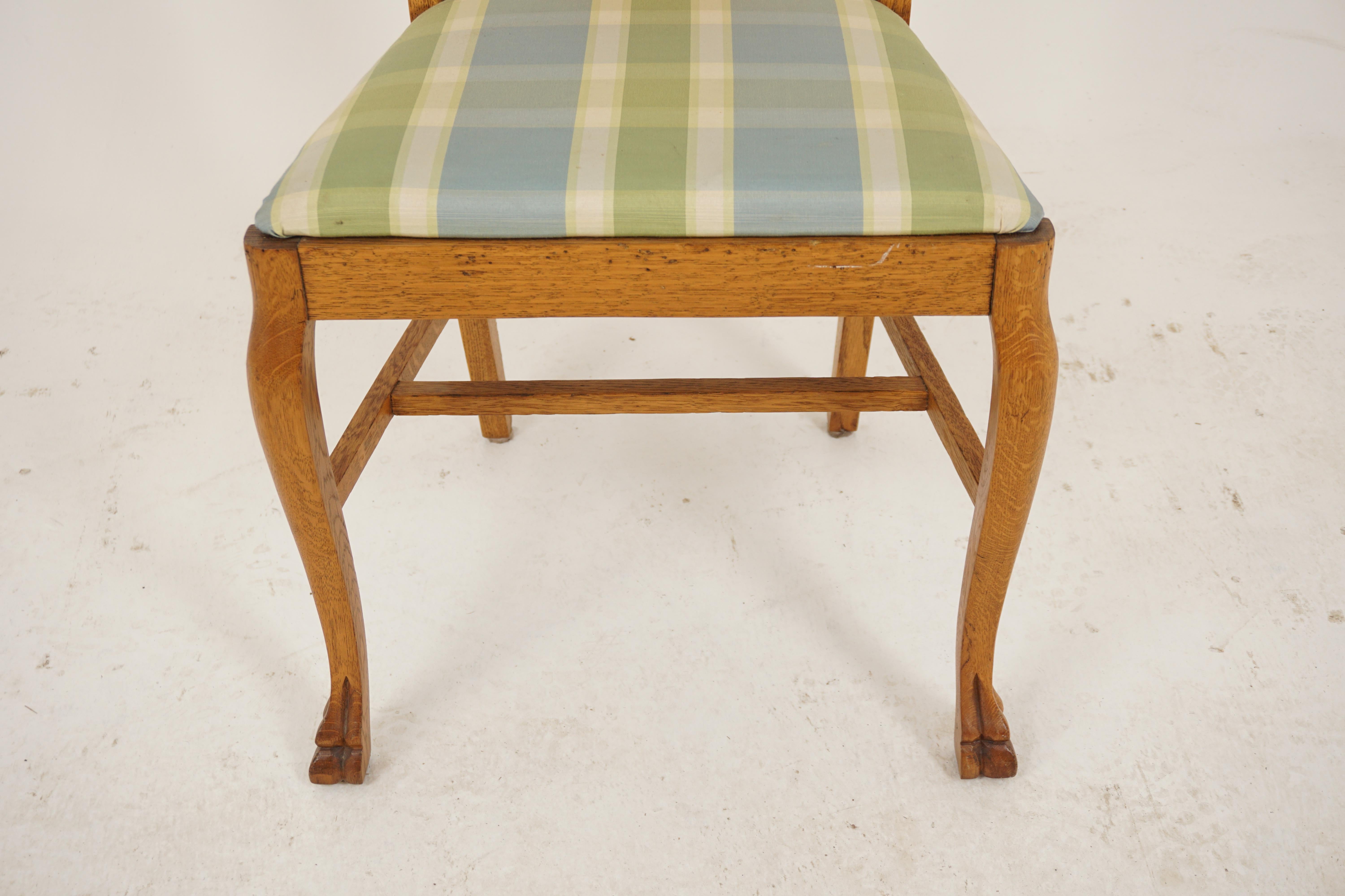 Set Of 6 Tiger Oak T Back Dining Chairs, Lift Out Upholstered Seat, America 1920 In Good Condition In Vancouver, BC