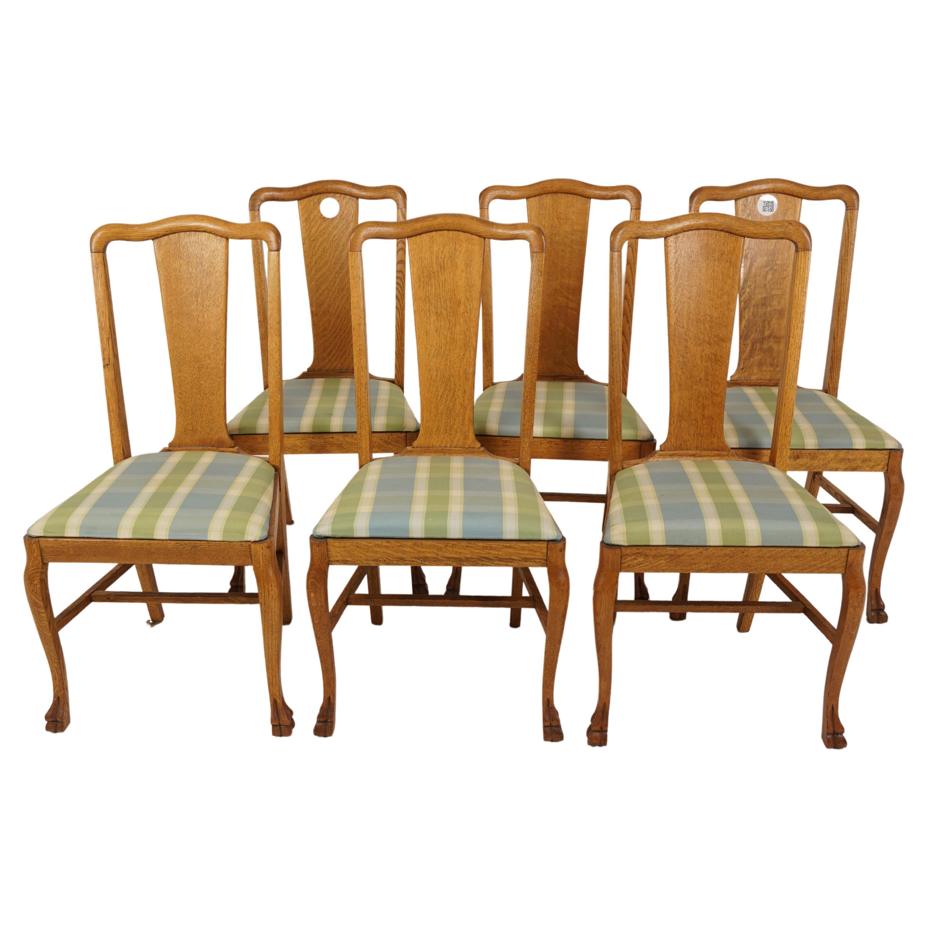 Set Of 6 Tiger Oak T Back Dining Chairs, Lift Out Upholstered Seat, America 1920
