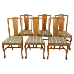 Antique Set Of 6 Tiger Oak T Back Dining Chairs, Lift Out Upholstered Seat, America 1920