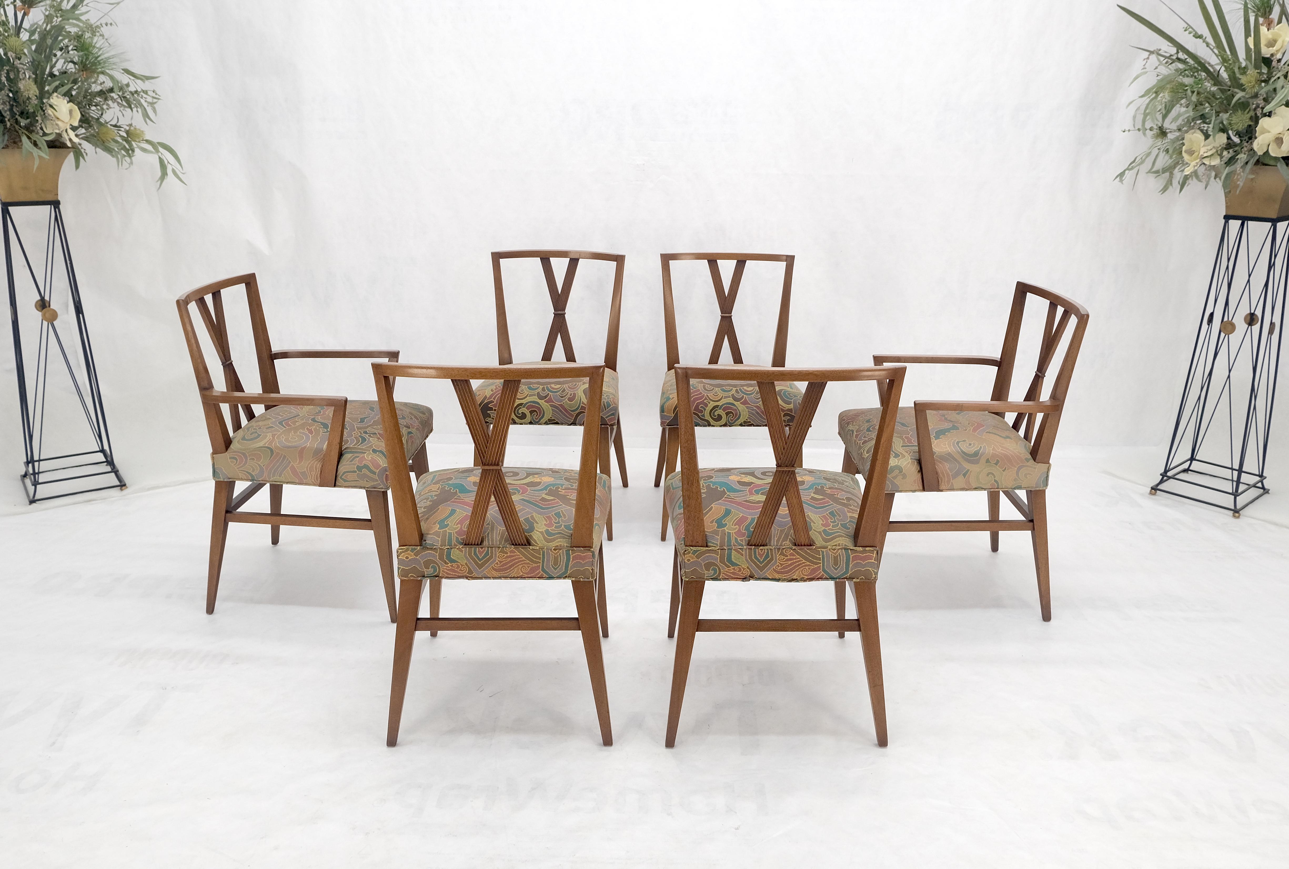 20th Century Set of 6 Tommy Parzinger Light Walnut Dining Chairs Lenor Larsen Upholstery MINT For Sale