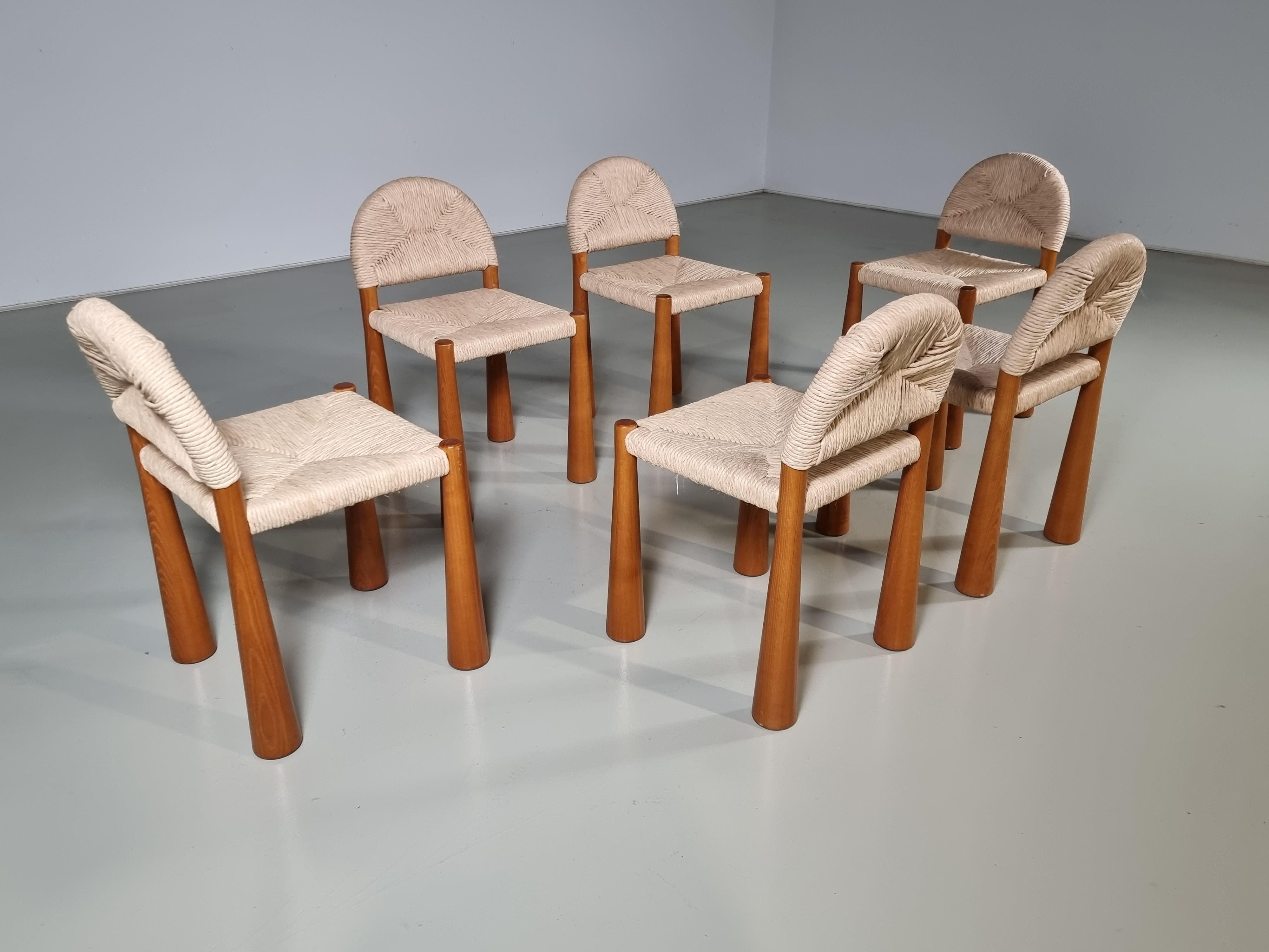 Straw Set of 6 Toscanolla Dining Chairs by Alessandro Becchi for Giovanetti, 1970s