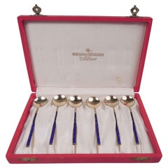 Used Set of 6 Tostrup Gilt & Enamel Spoons in Original Georg Jensen Case