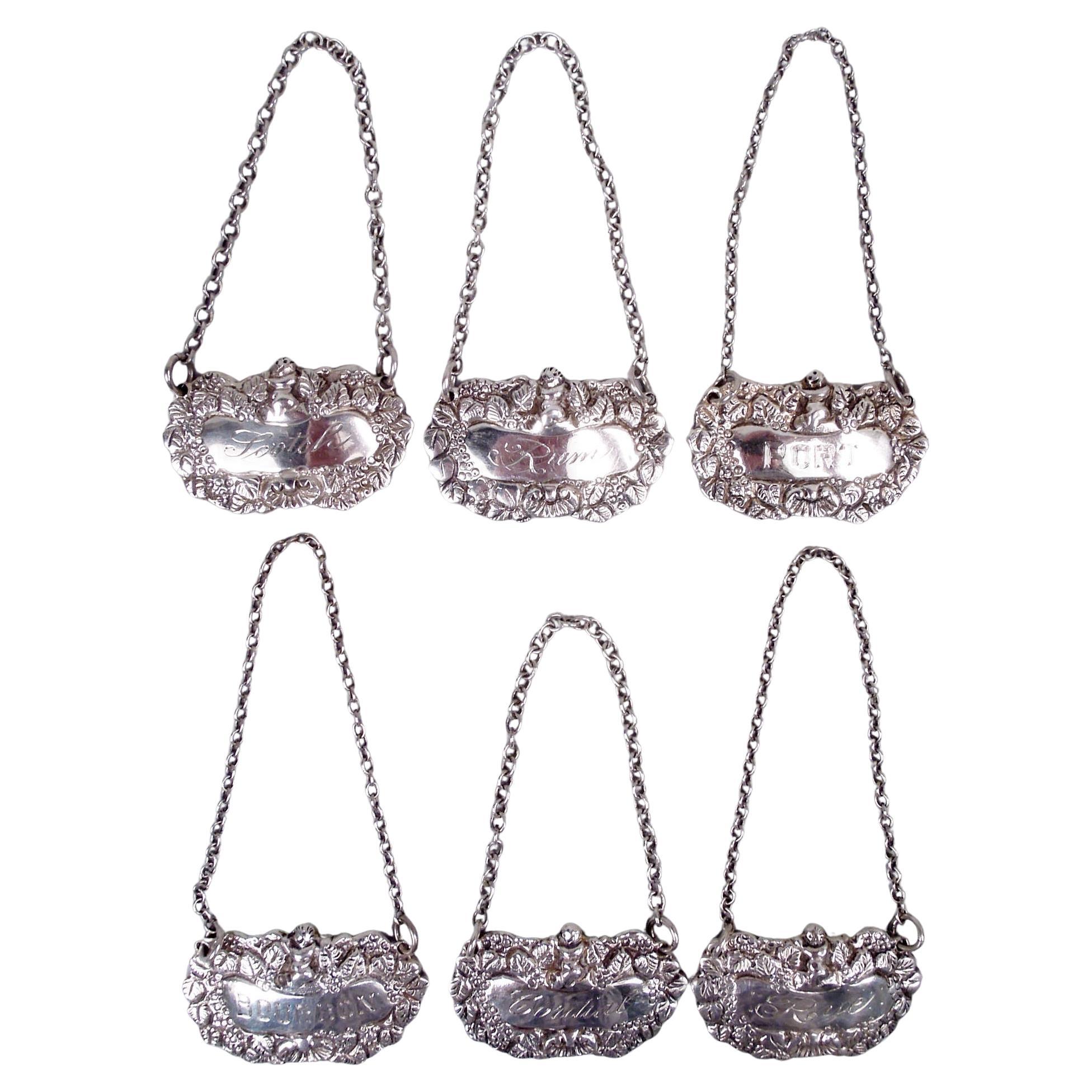 Set of 6 Traditional English Sterling Silver Liquor Tags, 1937