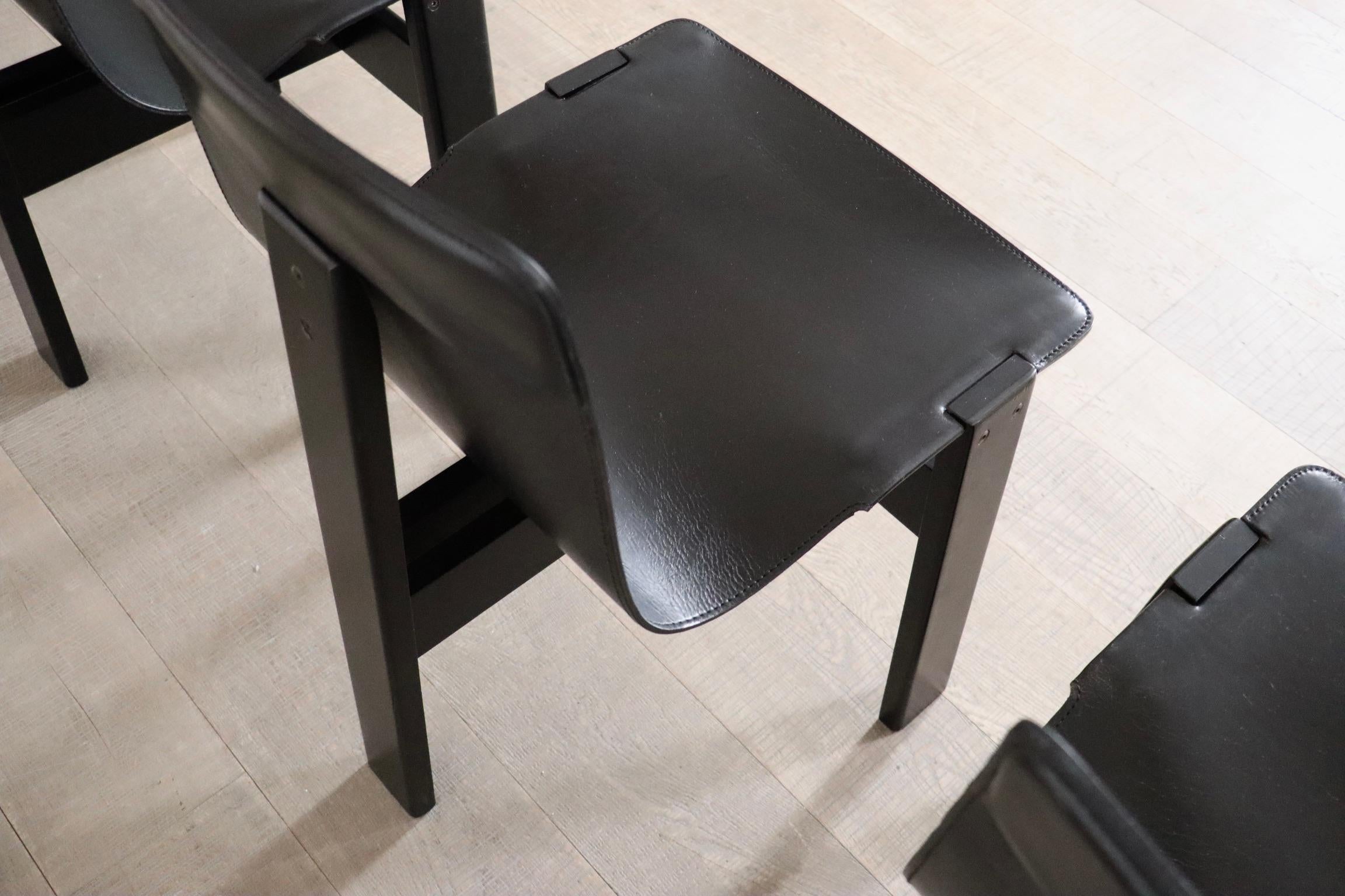 Set of 6 ‘Tre 3’ chairs in black leather, Angelo Mangiarotti for Skipper, 1970s 2