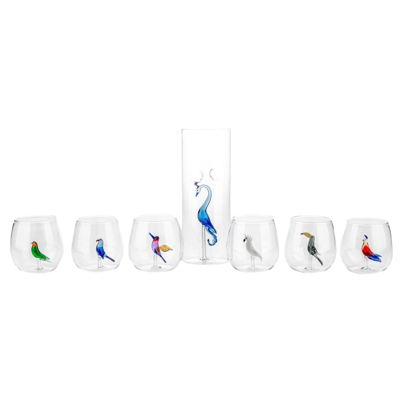 Set of 6 Tropical Bird Glasses and Peacock Pitcher