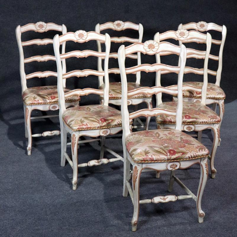 Set of 6 Troy Wesnidge hand-made and hand-carved Louis XV style dining side chairs. They have beautiful stain treated upholstery and perhaps also water resistant. They appear to be. 