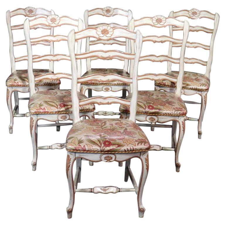 Set 6 French Paint Decorated Louis XV Style Ladderback Dining Side Chairs 
