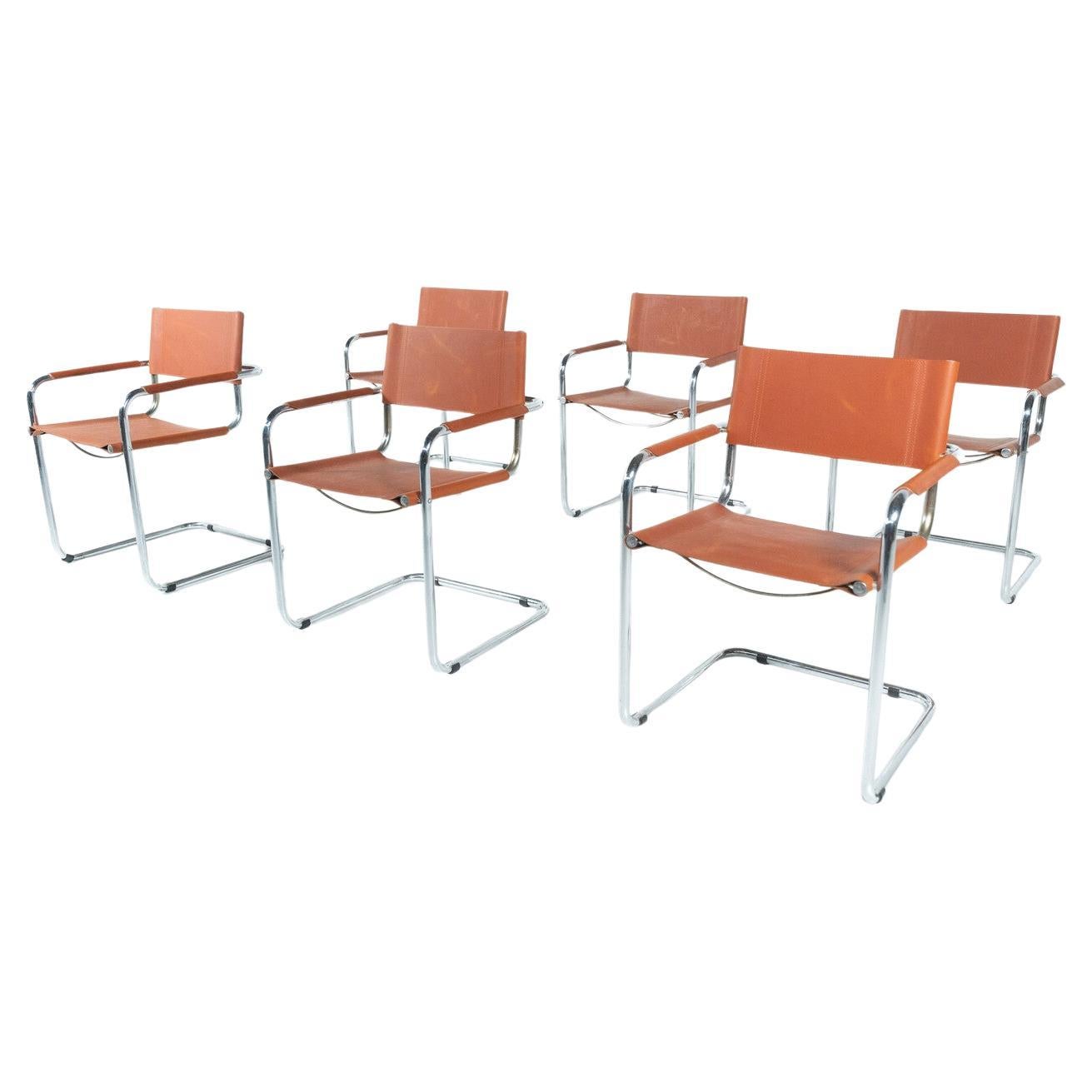 Set of 6 Tubular Armchairs by Mart Stam and Marcel Breuer, Leather For Sale