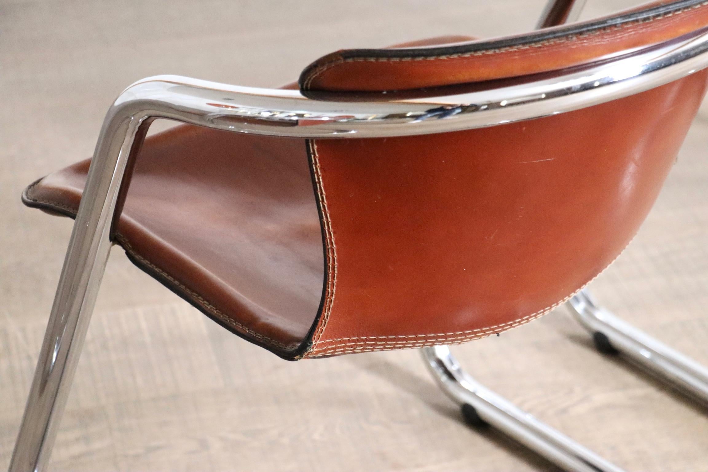 Set Of 6 Tubular Chrome And Saddle Leather Dining Chairs For Metaform, 1970s 6