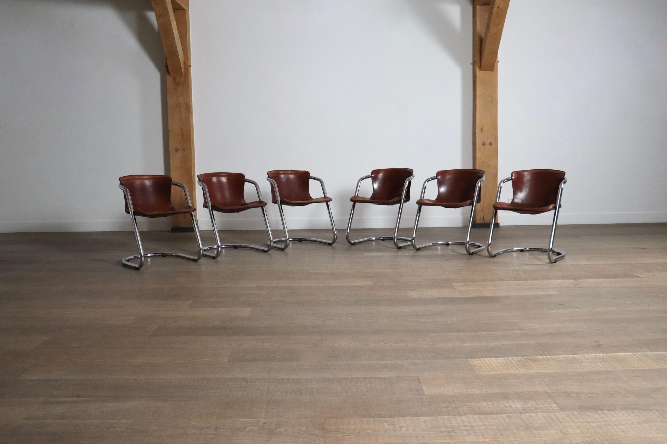 Set Of 6 Tubular Chrome And Saddle Leather Dining Chairs For Metaform, 1970s 7