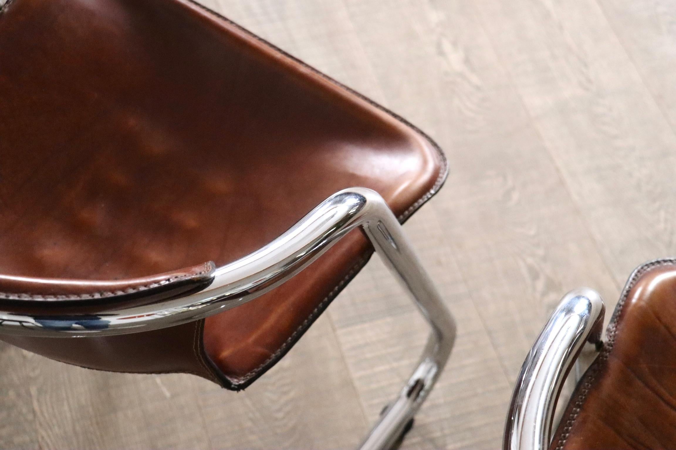 Set Of 6 Tubular Chrome And Saddle Leather Dining Chairs For Metaform, 1970s 8