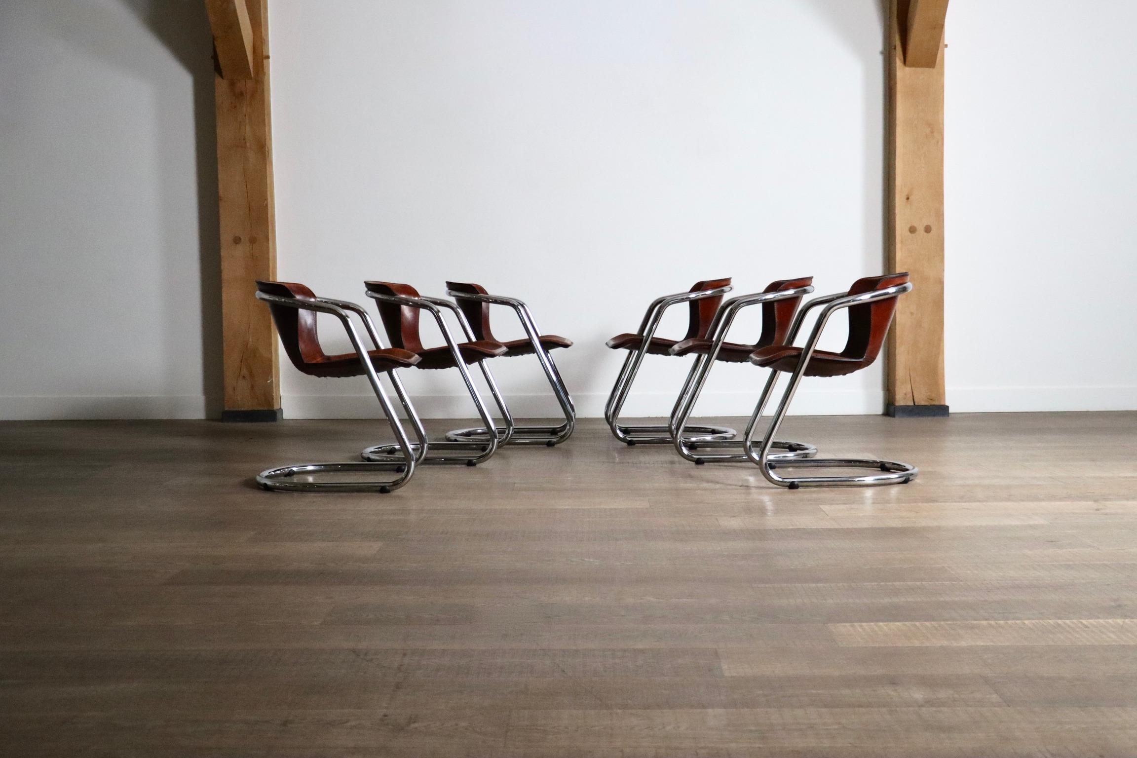 Set Of 6 Tubular Chrome And Saddle Leather Dining Chairs For Metaform, 1970s 9