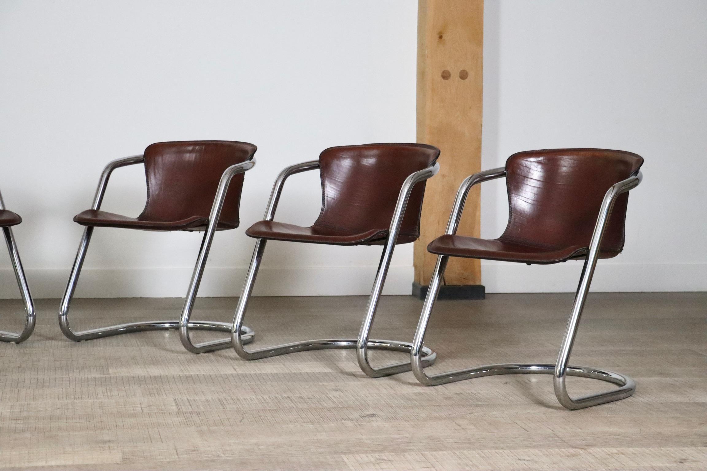Set Of 6 Tubular Chrome And Saddle Leather Dining Chairs For Metaform, 1970s 10