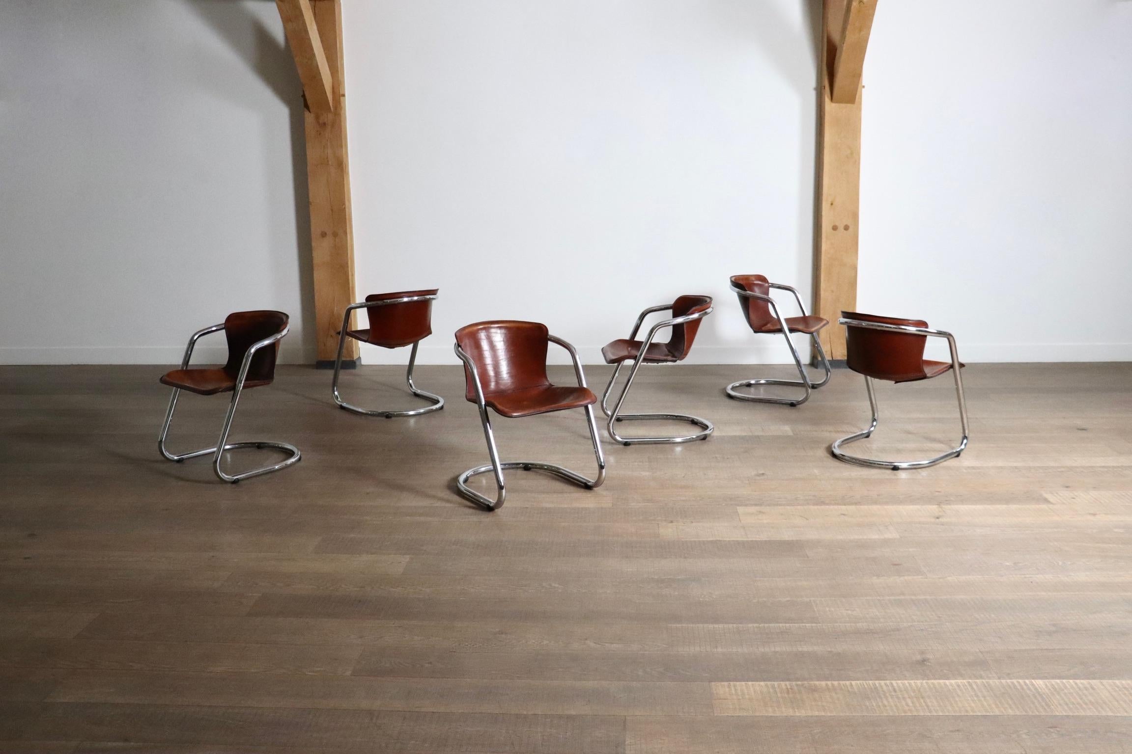 Set Of 6 Tubular Chrome And Saddle Leather Dining Chairs For Metaform, 1970s 11