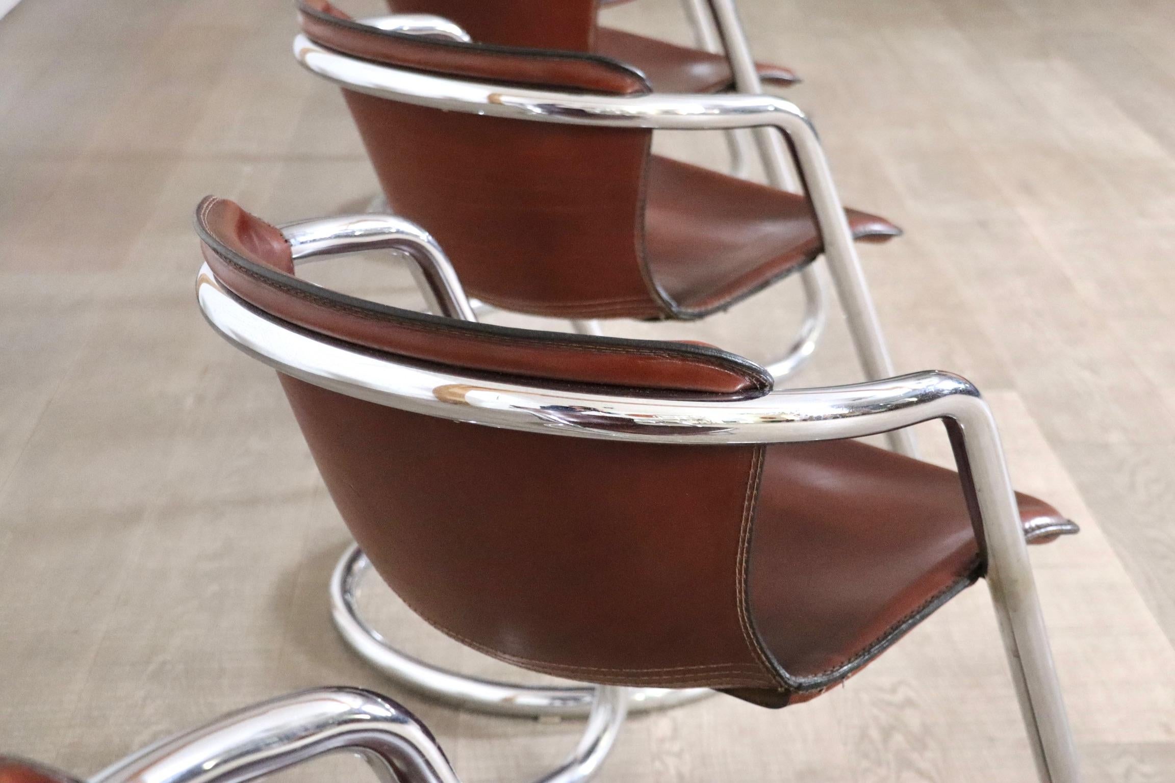 Set Of 6 Tubular Chrome And Saddle Leather Dining Chairs For Metaform, 1970s 12