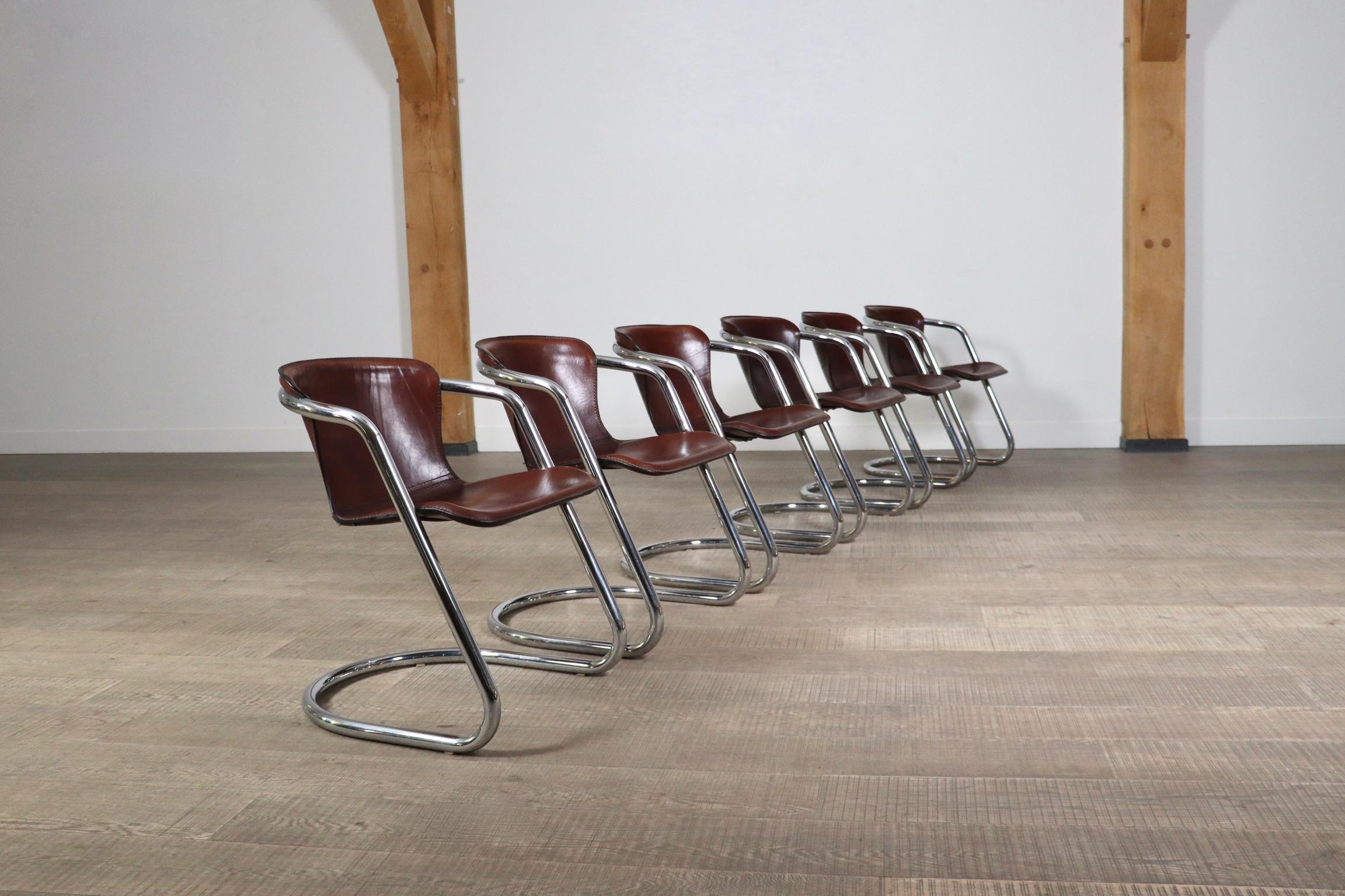 Set Of 6 Tubular Chrome And Saddle Leather Dining Chairs For Metaform, 1970s In Good Condition In ABCOUDE, UT