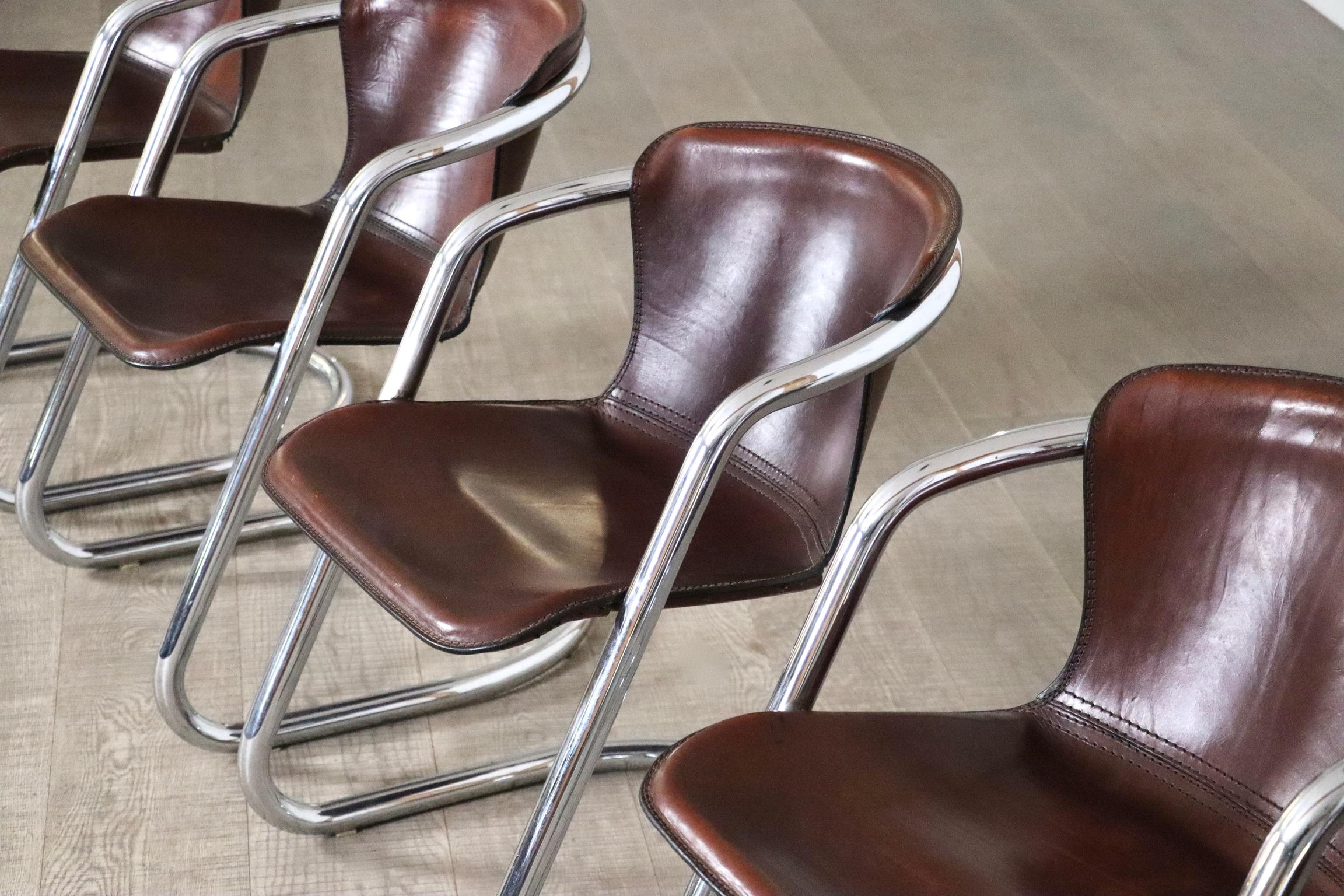 Mid-20th Century Set Of 6 Tubular Chrome And Saddle Leather Dining Chairs For Metaform, 1970s