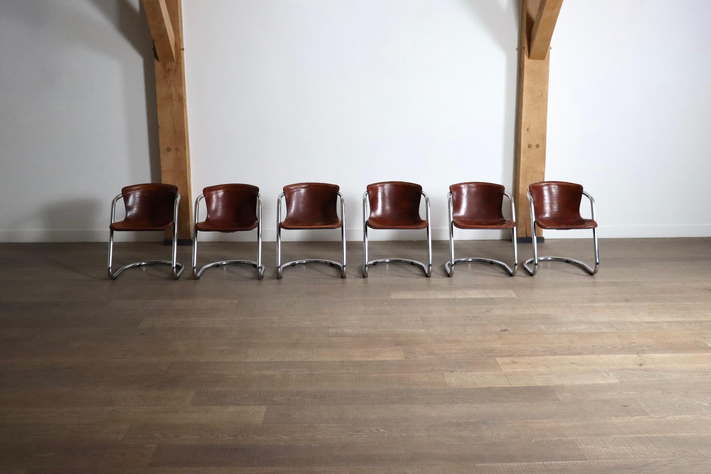 Mid-20th Century Set Of 6 Tubular Chrome And Saddle Leather Dining Chairs For Metaform, 1970s