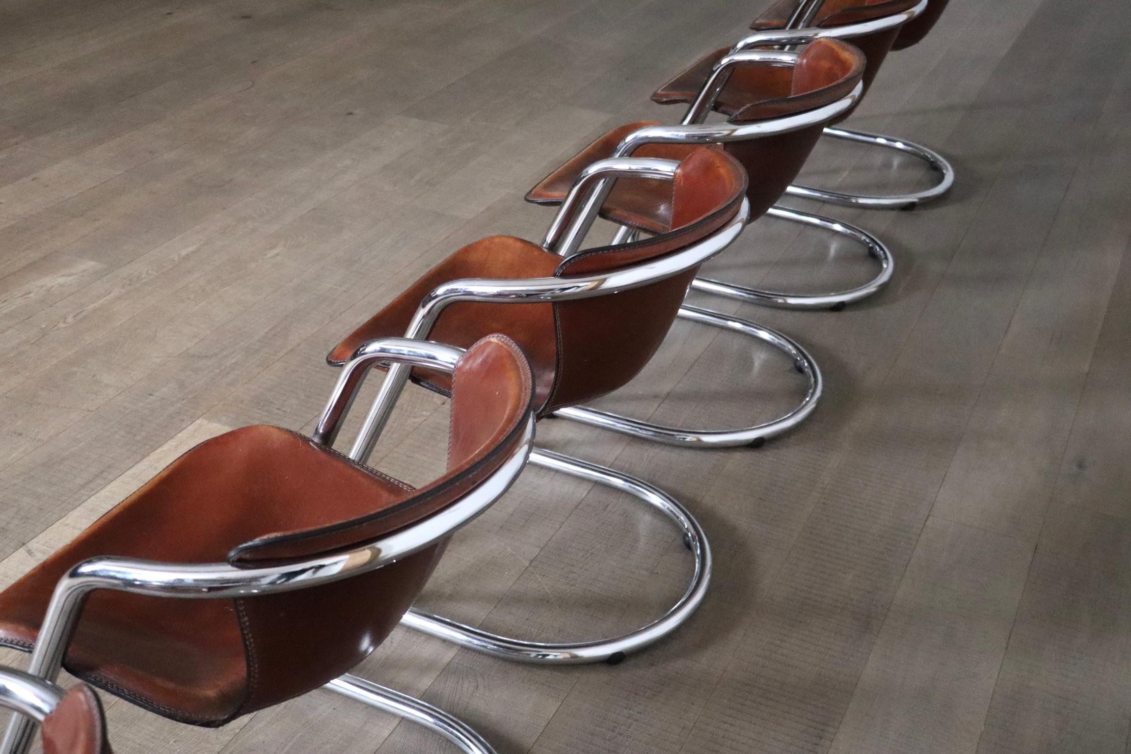 Set Of 6 Tubular Chrome And Saddle Leather Dining Chairs For Metaform, 1970s 1