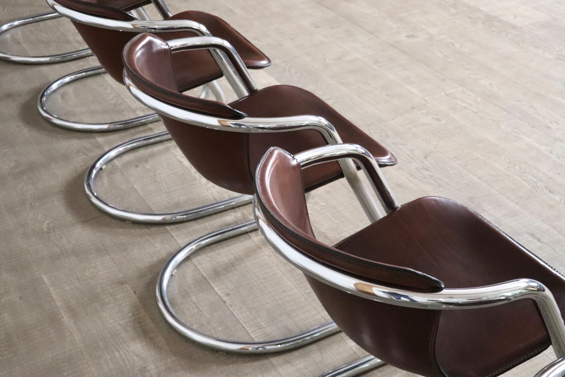 Set Of 6 Tubular Chrome And Saddle Leather Dining Chairs For Metaform, 1970s 2