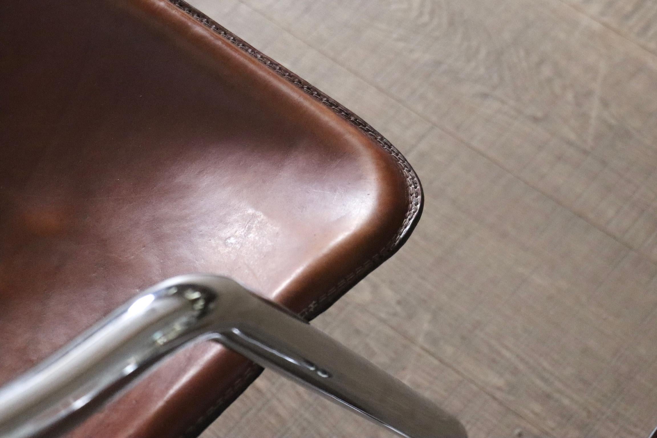 Set Of 6 Tubular Chrome And Saddle Leather Dining Chairs For Metaform, 1970s 2