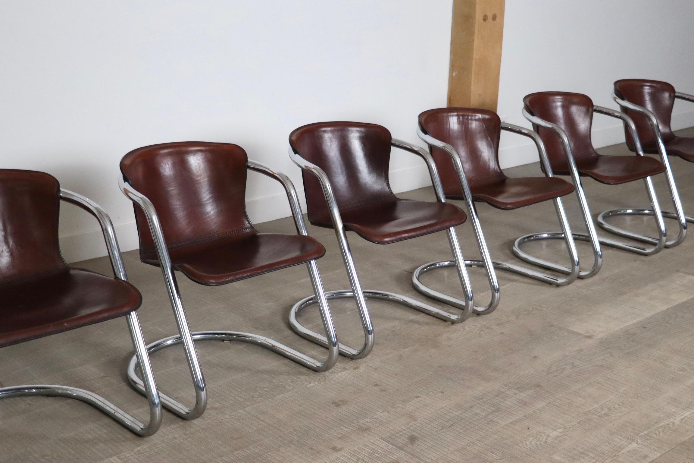 Set Of 6 Tubular Chrome And Saddle Leather Dining Chairs For Metaform, 1970s 4