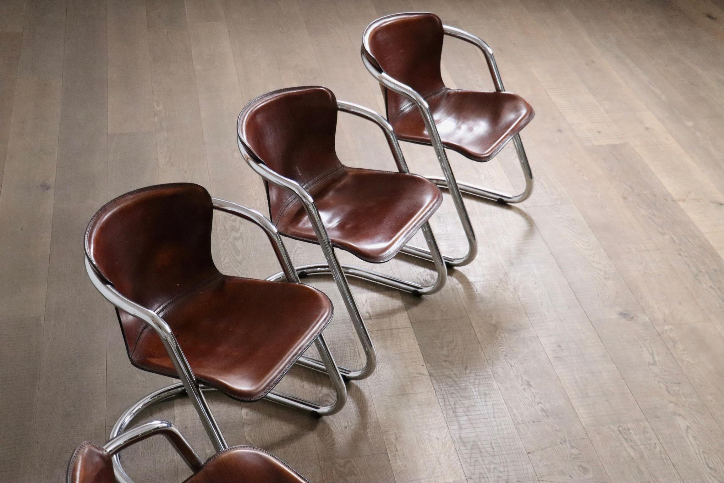 Set Of 6 Tubular Chrome And Saddle Leather Dining Chairs For Metaform, 1970s 4