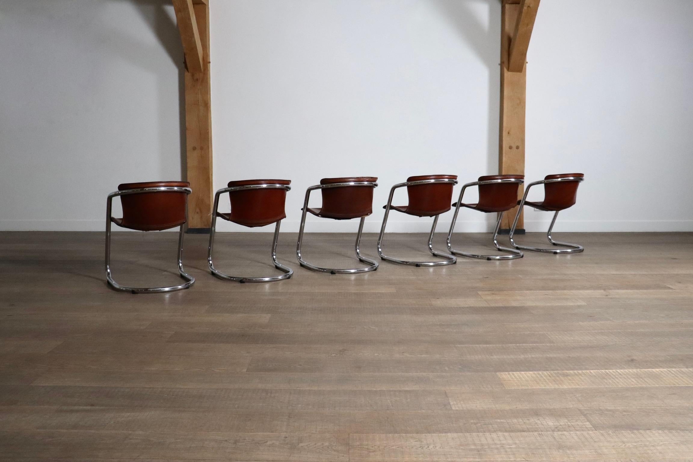 Set Of 6 Tubular Chrome And Saddle Leather Dining Chairs For Metaform, 1970s 5