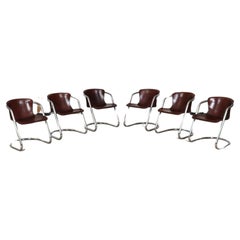 Set Of 6 Tubular Chrome And Saddle Leather Dining Chairs For Metaform, 1970s