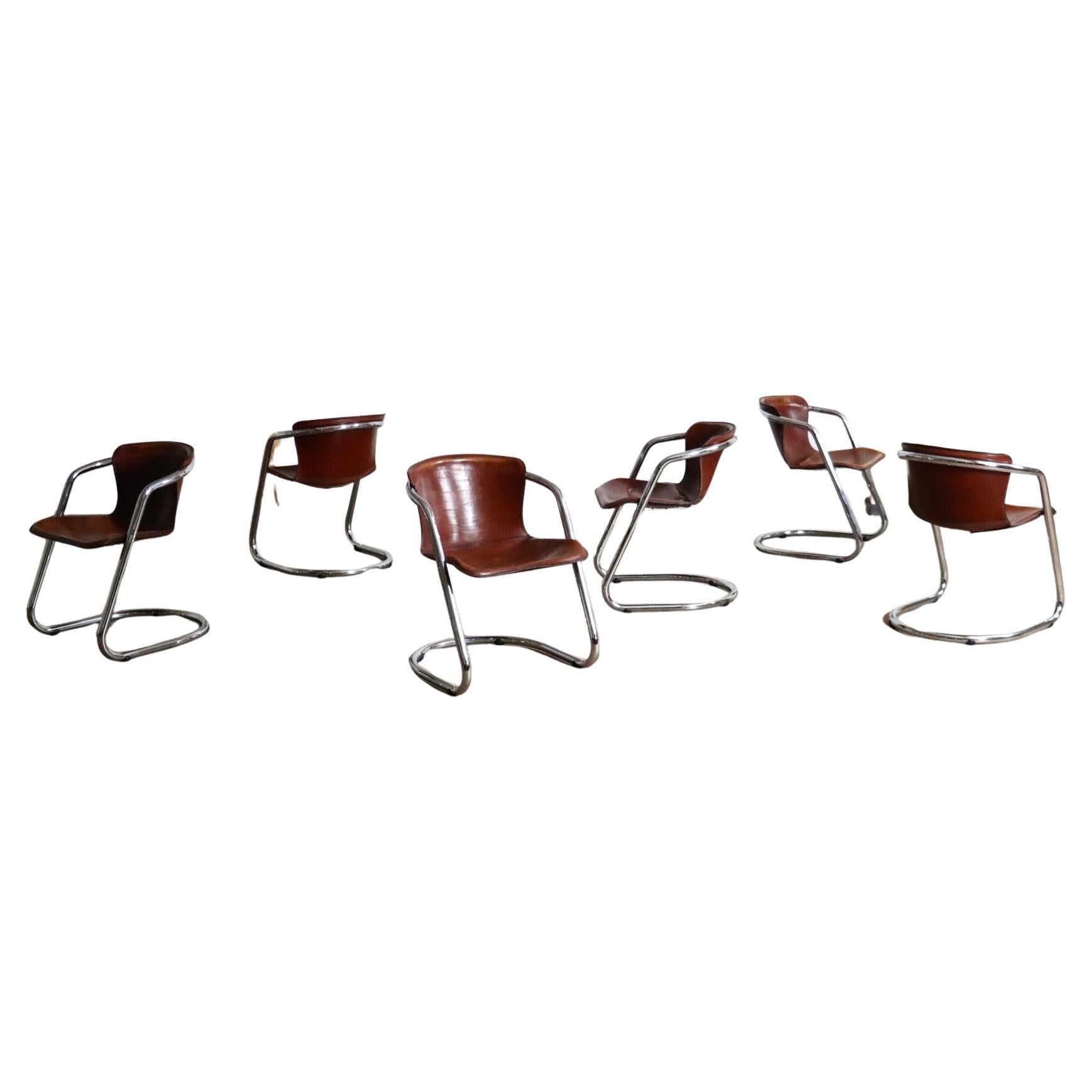 Set Of 6 Tubular Chrome And Saddle Leather Dining Chairs For Metaform, 1970s