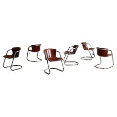 Juego De 6 Sillas De Comedor Tubulares De Cromo Y Piel De Silla Para Metaform, Años 70