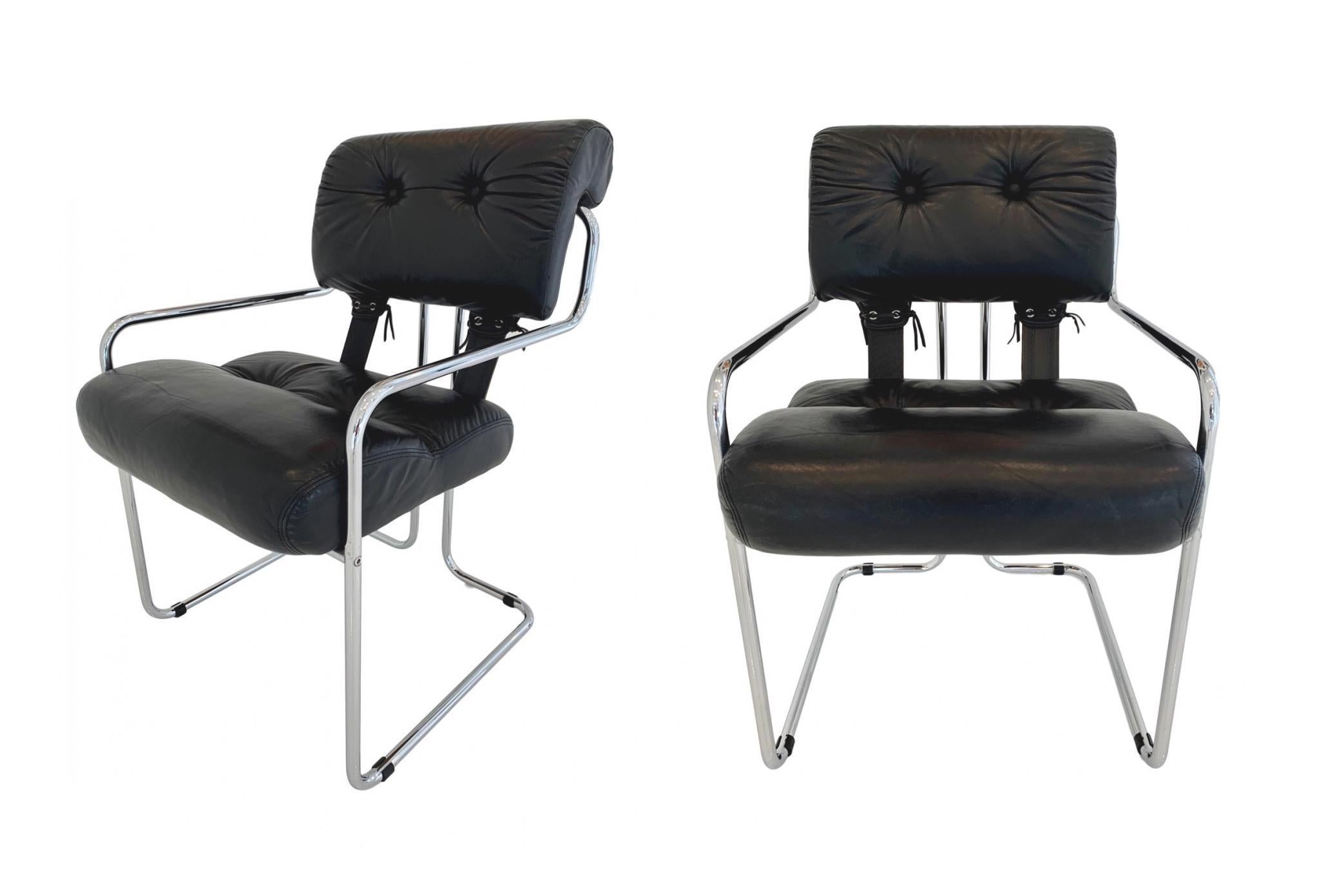 Classic leather chairs by Guido Faleschini for Pace. Chrome chair with original black leather. Great condition to chrome and leather. Priced as a set of two. 