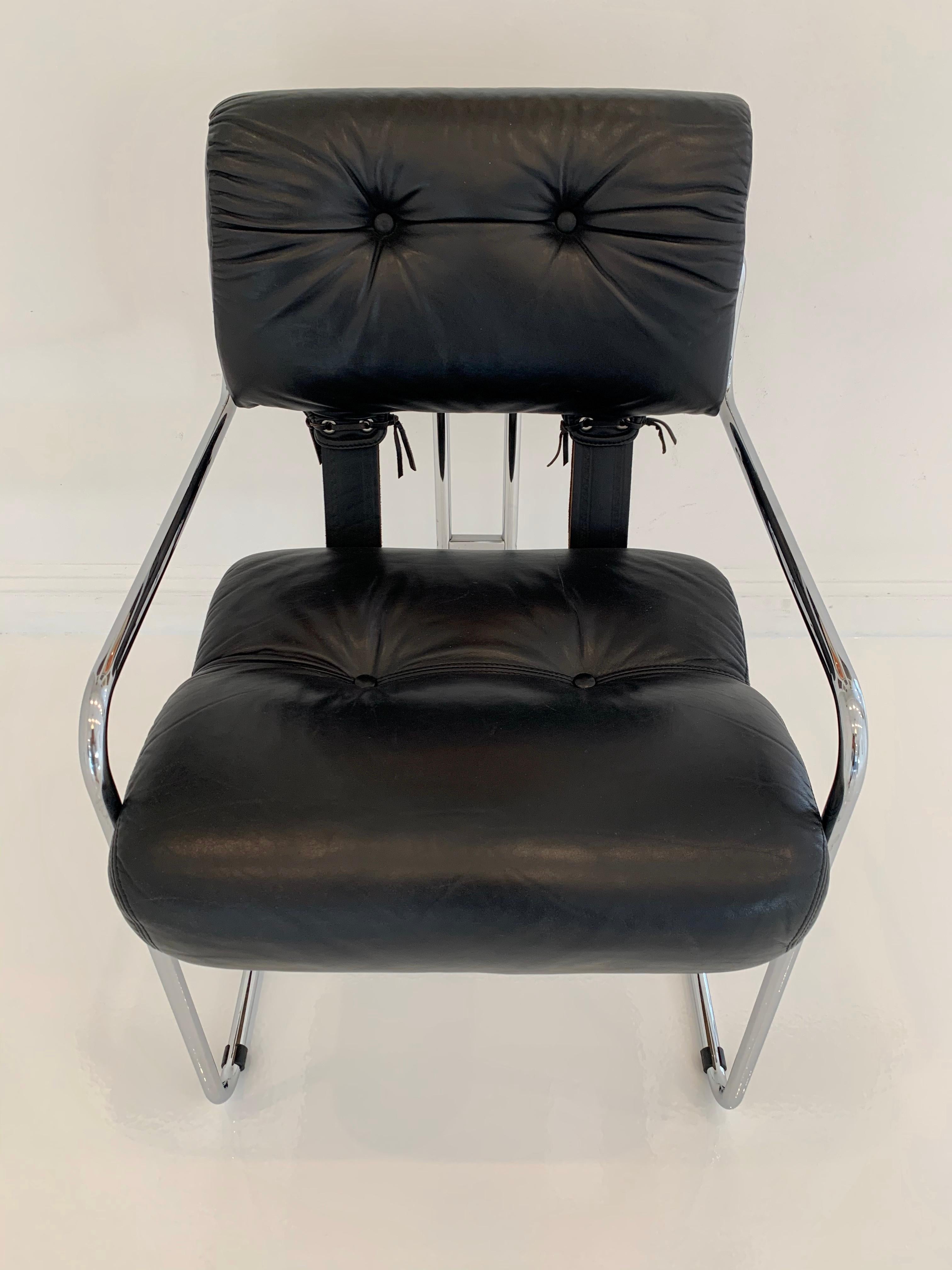 Italian Pair of 'Tucroma' Chairs in Black Leather by Guido Faleschini