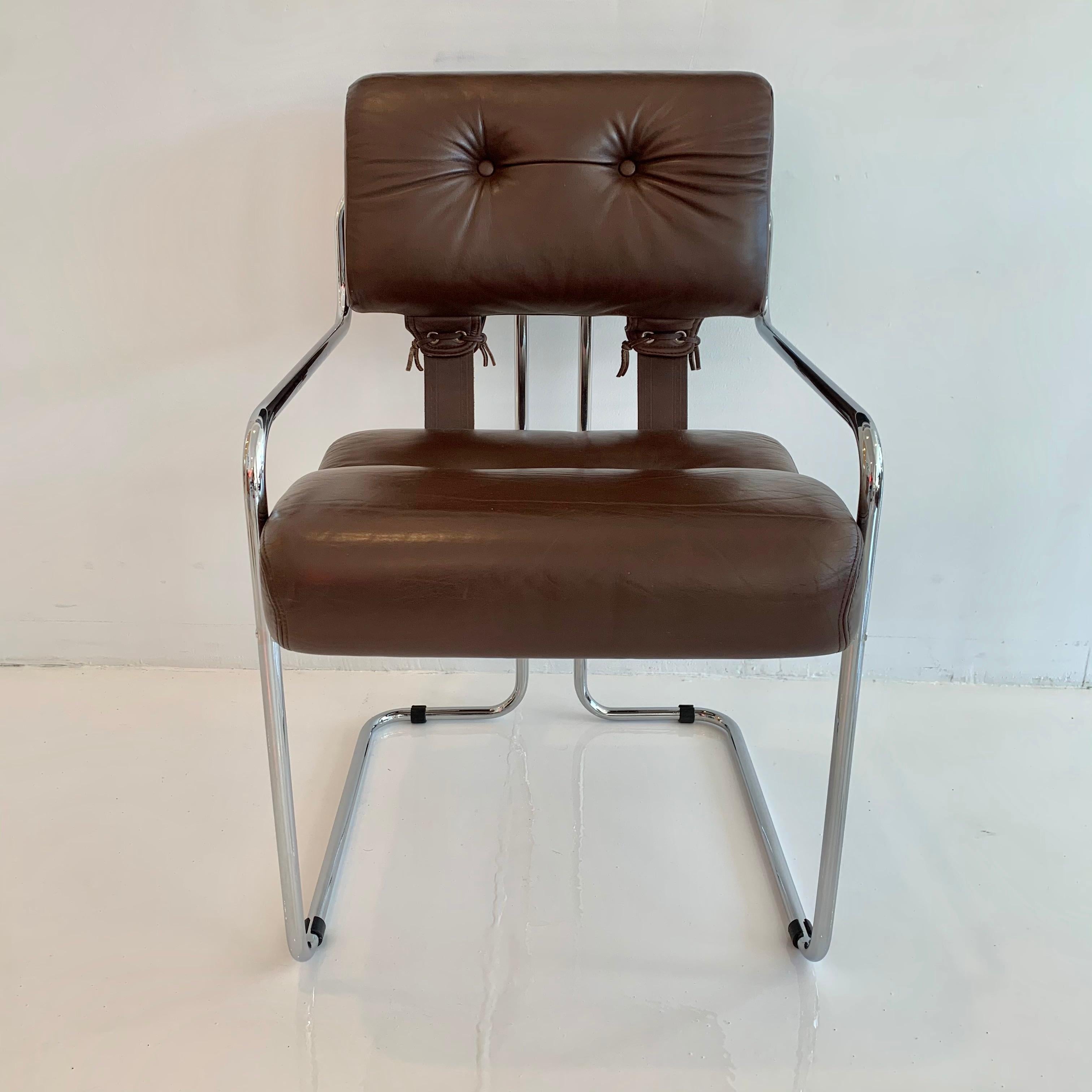 Classic leather chairs by Guido Faleschini for Pace. Tubular chrome chair with original brown leather. All metal has been re-plated in chrome and is in excellent condition. Great color and patina. Very good vintage condition to leather. 

6