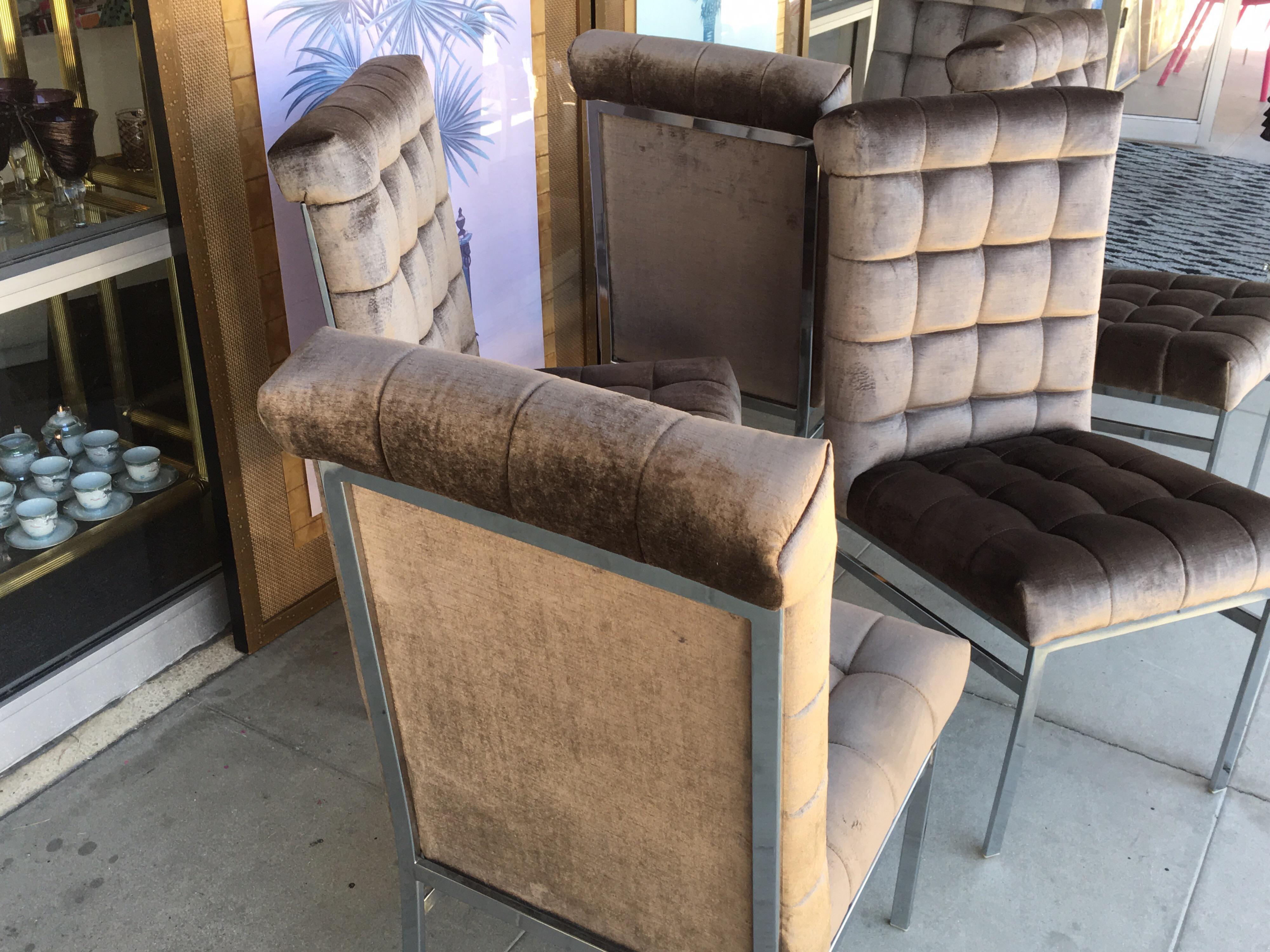 Set of 6 Tufted Pierre Cardin Dining Chairs in New Mink Color Velvet In Good Condition In Palm Springs, CA
