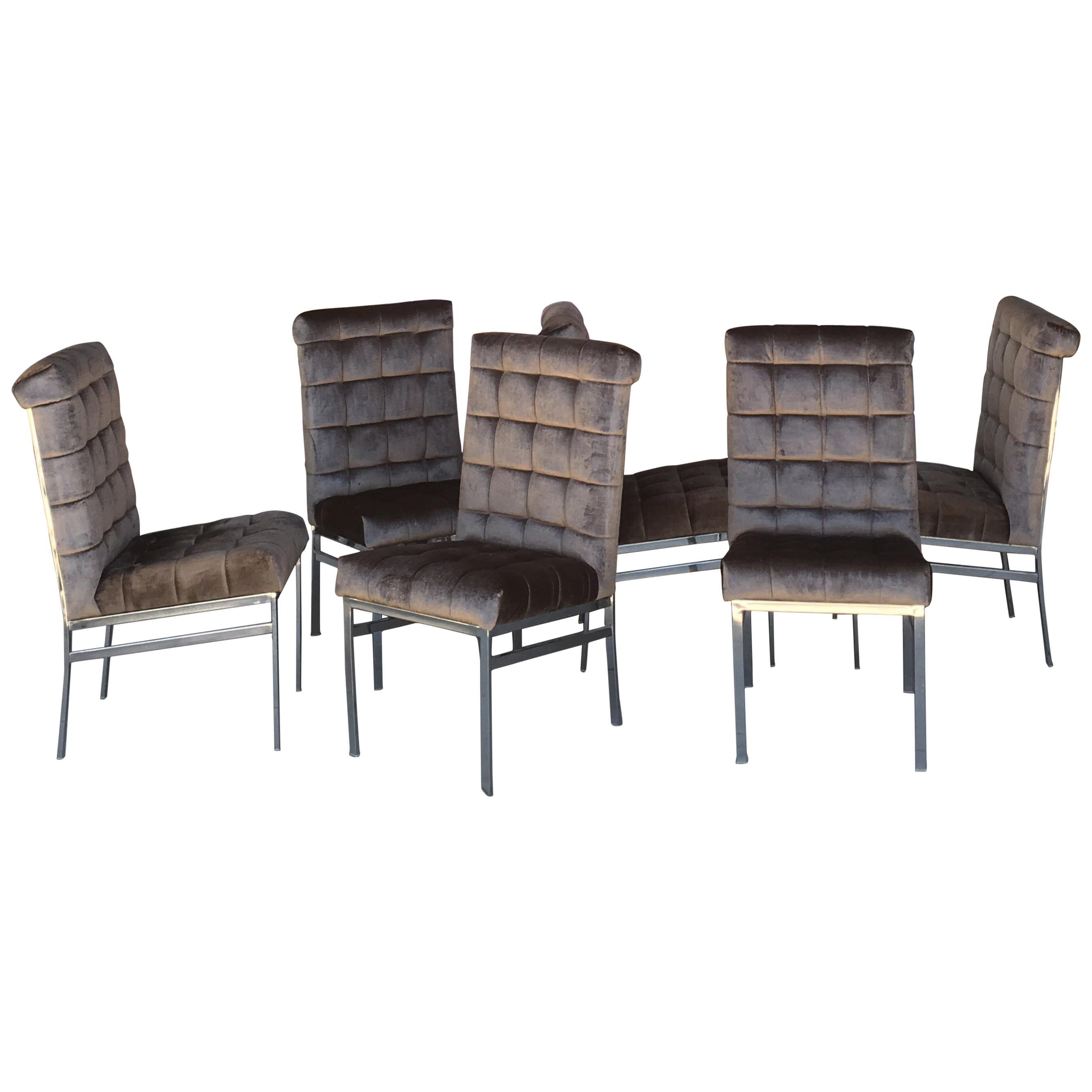 Set of 6 Tufted Pierre Cardin Dining Chairs in New Mink Color Velvet