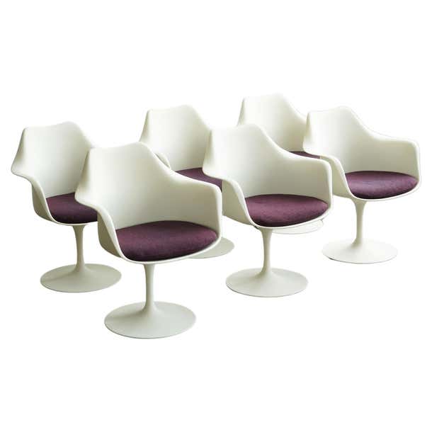 Set of 6 Tulip Armchairs by Eero Saarinen for Knoll, plumb upholstery ...
